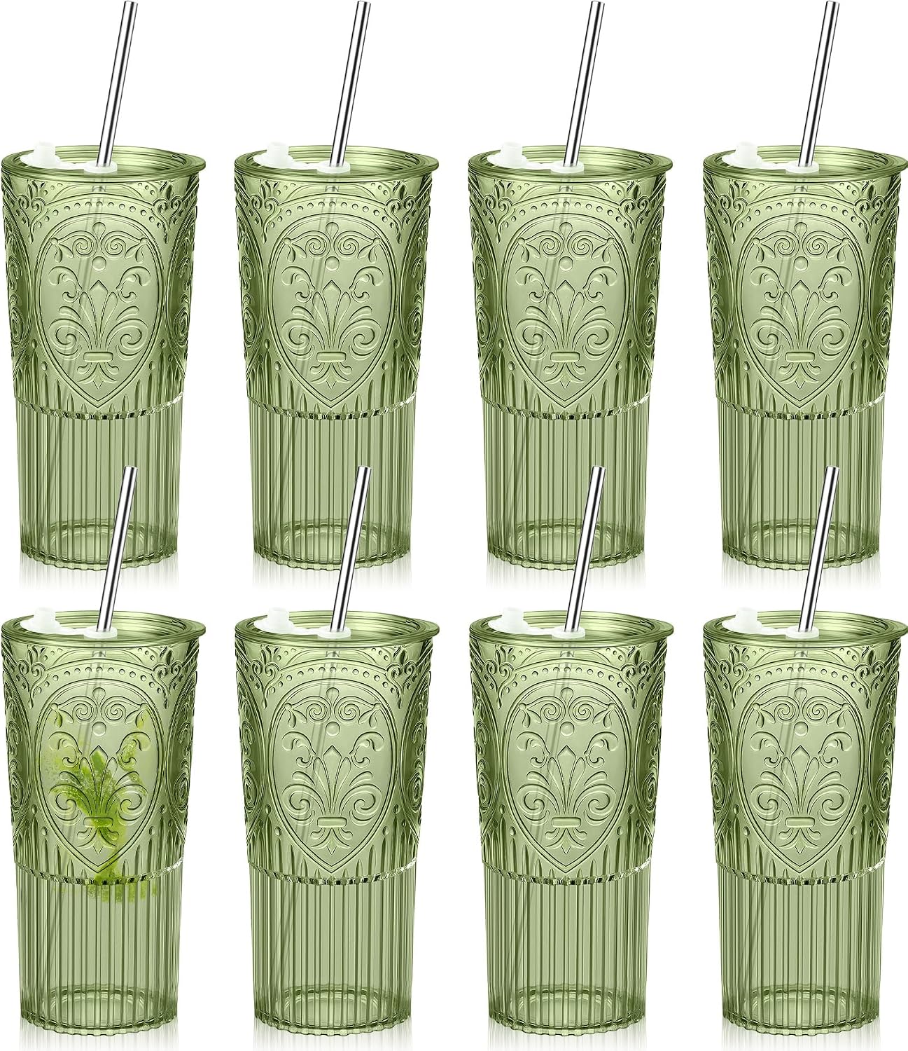 8 Set 20oz Vintage Plastic Tumbler with Lids and Straws Ribbed Floral Drinking Glasses Reusable Iced Coffee Cups for