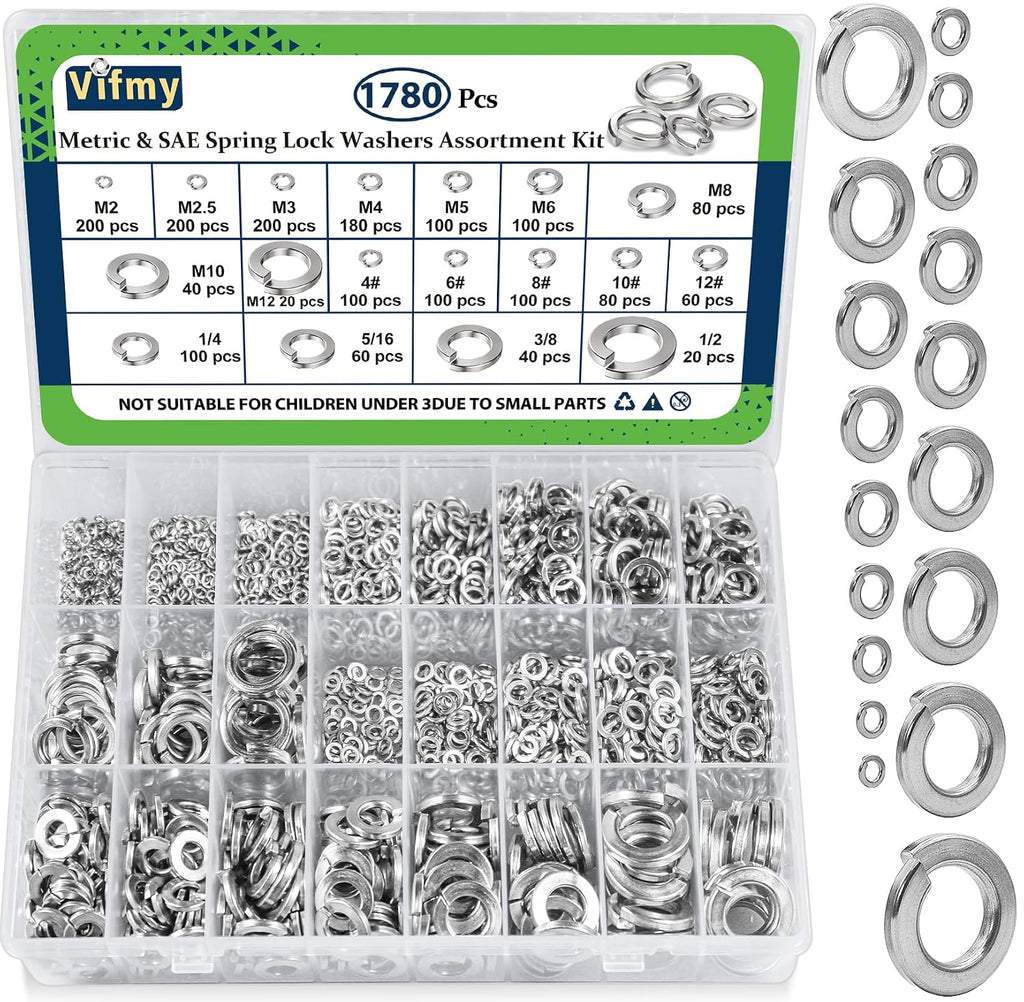 SAE & Metric Split Spring Lock Washer Assortment kit 304 SS 1780Pcs