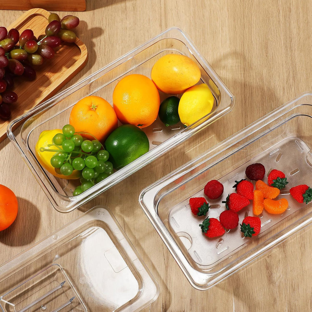 6 Set 1/3 Size Polycarbonate Food Pans with Lids Drain Shelf Clear