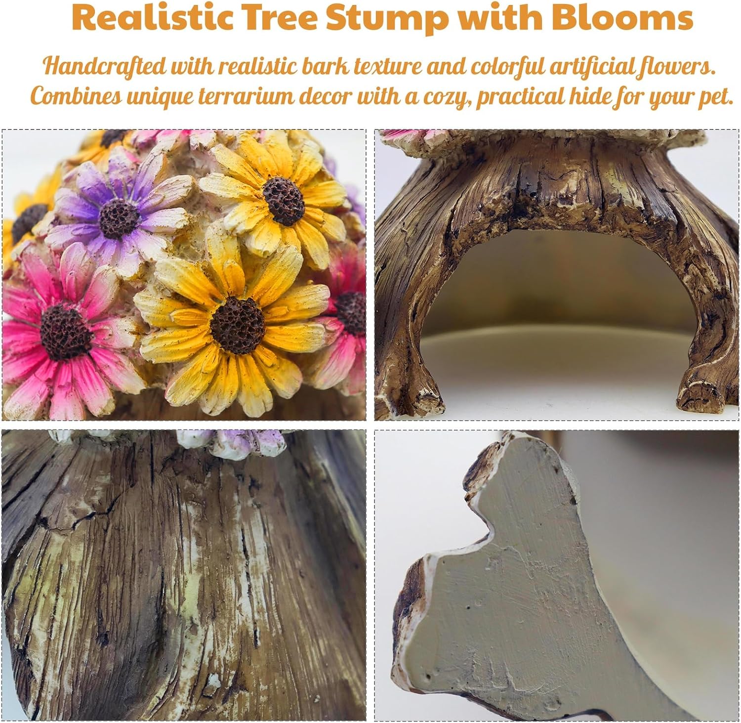 Humid Hide for Leopard Gecko – Resin Reptile Hide with Artificial Flowers, Tree Stump Cave for Crested Gecko Corn