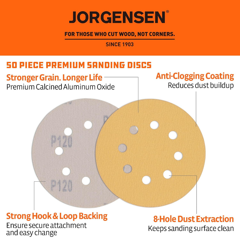 Jorgensen 50-Piece 5-Inch Premium Sanding Discs, 8-Hole Hook and Loop