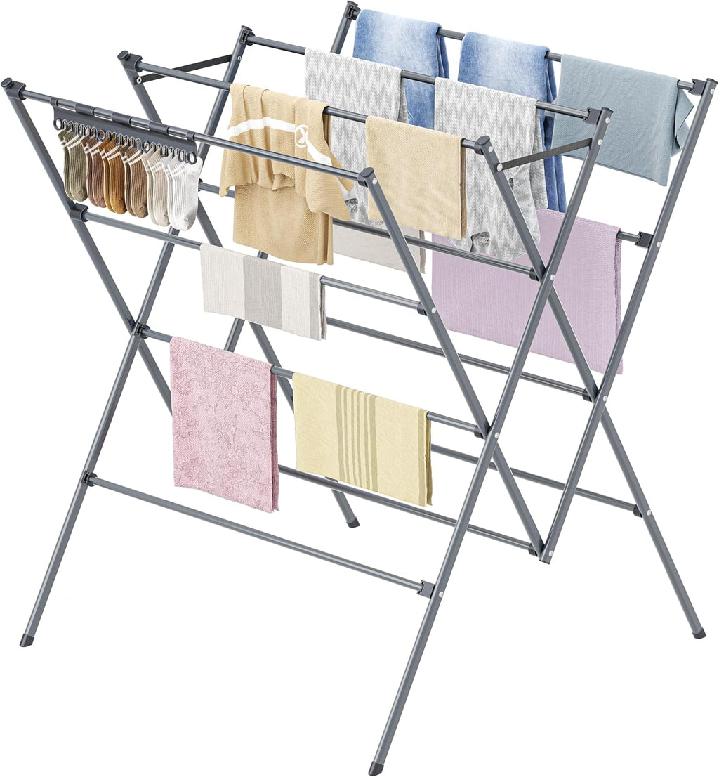 Drying Rack Clothing,12 Drying Poles with Sock Clips Clothes Drying Rack | Foldable Portable Laundry Drying Rack for
