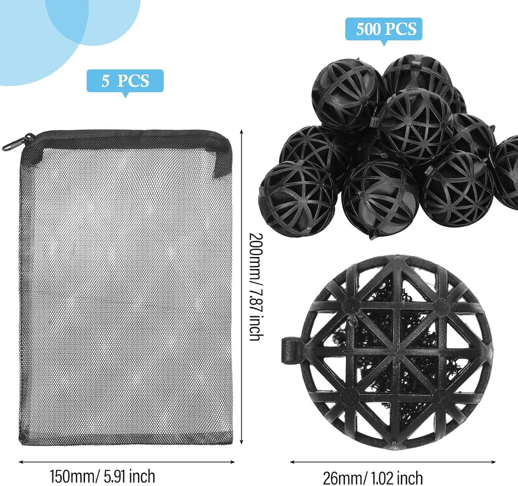 500 Pieces Bio Filter Balls Black Bio Balls for Aquarium Pond Filters Bulk 1.02 Inch Internal Bioball Media with 5