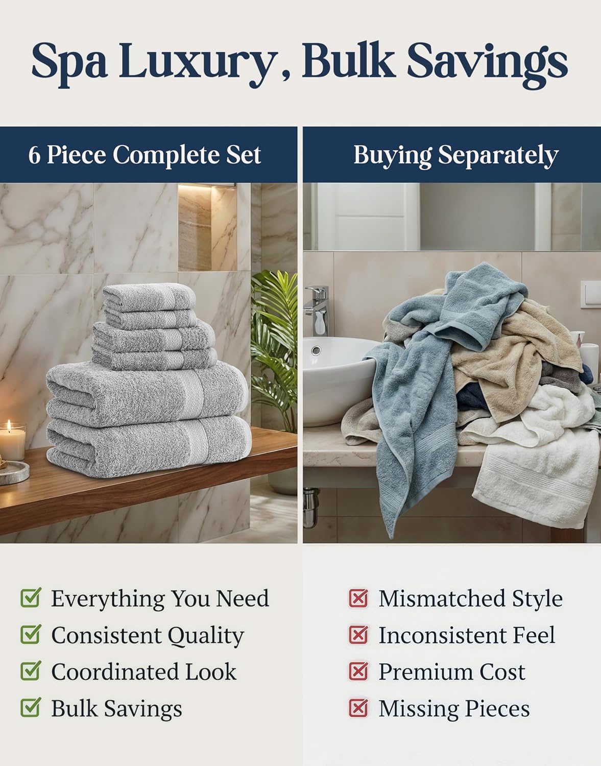 Towel Set for Bathroom 6 Piece Soft Absorbent Quick Dry - Grey | Towels And Washcloths Sets - Oversized & Roomy