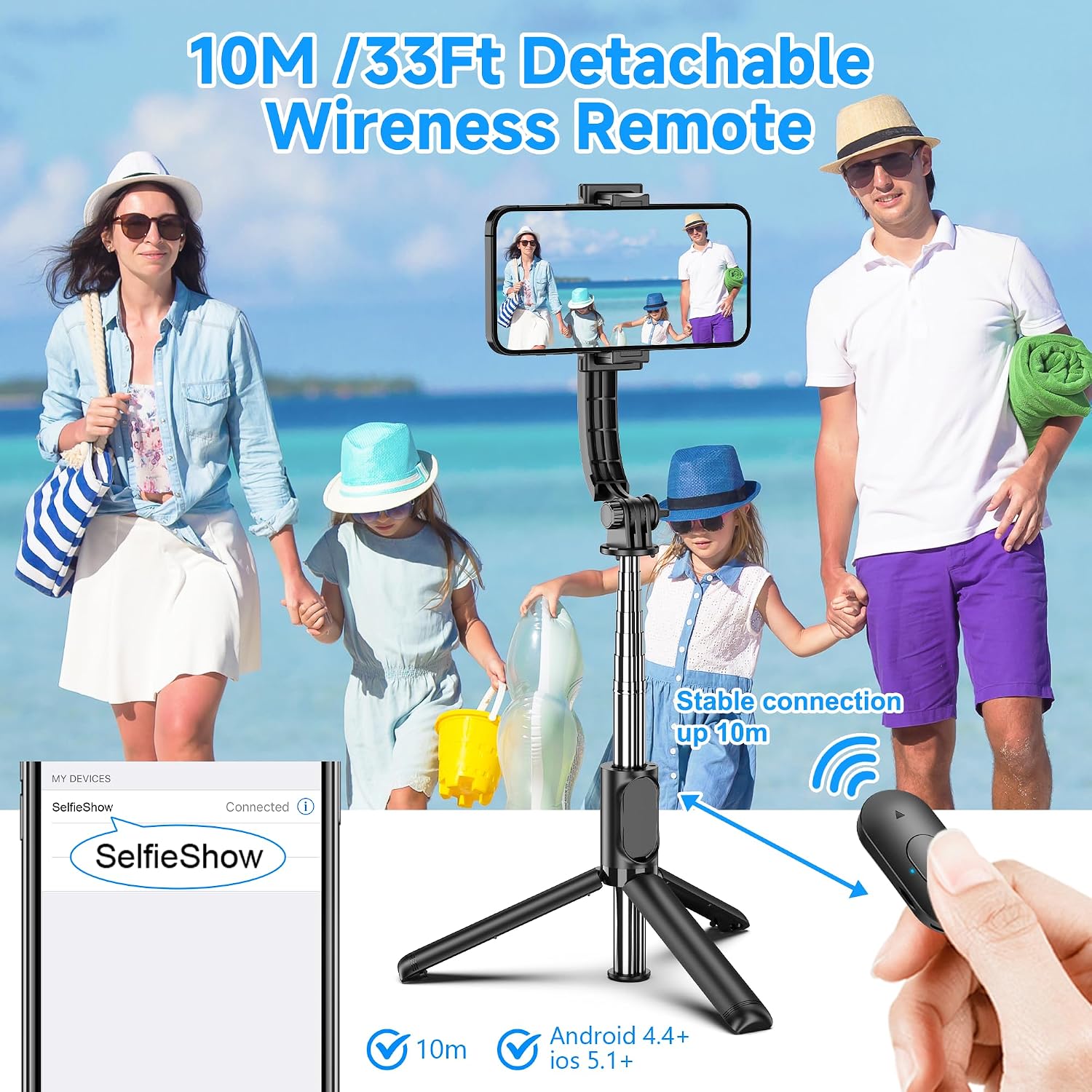 Selfie Stick, Extendable Selfie Stick Tripod with Wireless Remote and Tripod Stand, Portable, Lightweight, Compatible
