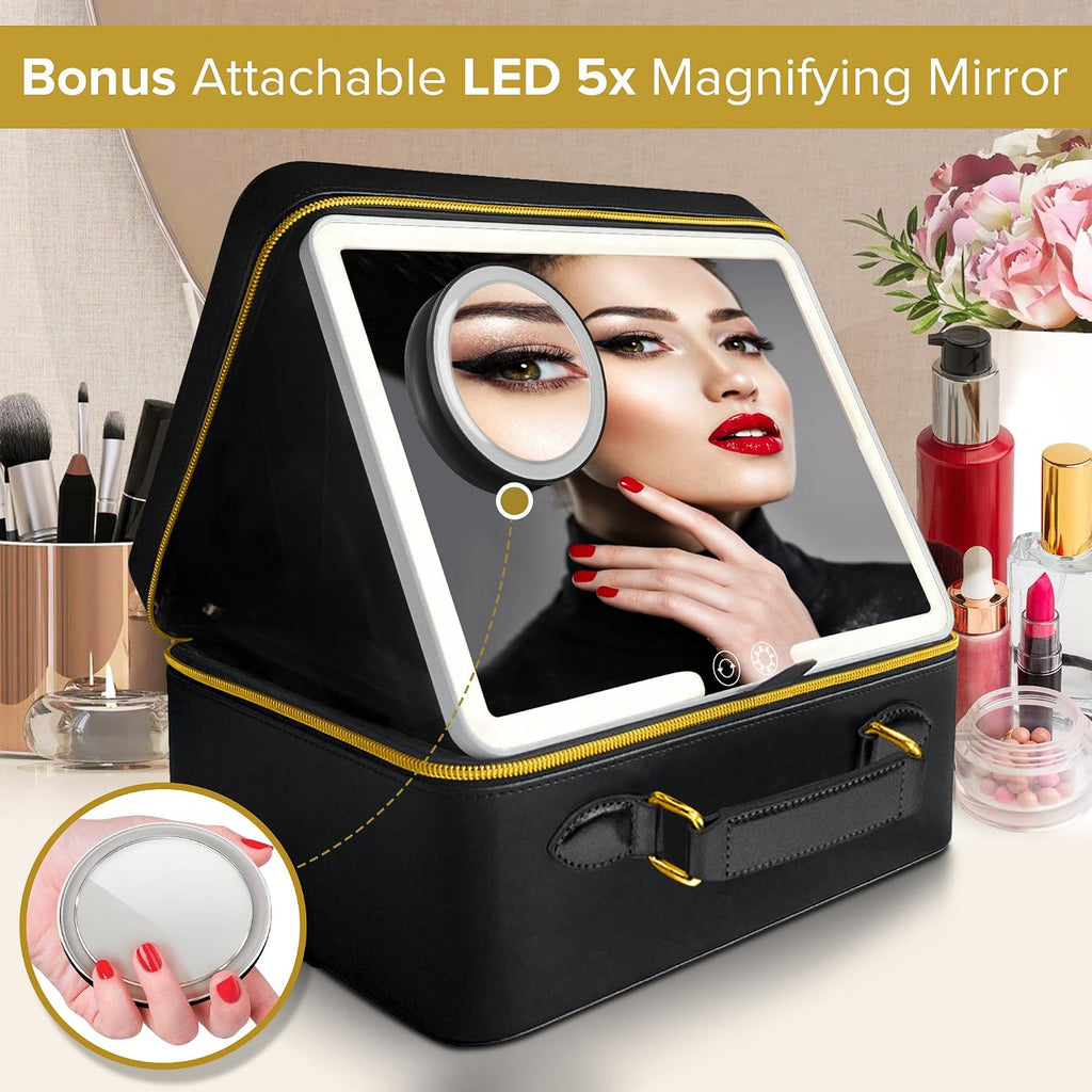 Upscale PU Leather Makeup Bag with Light Up Mirror, 3 Brightness Settings, Adjustable Dividers - Replace Your Bulky