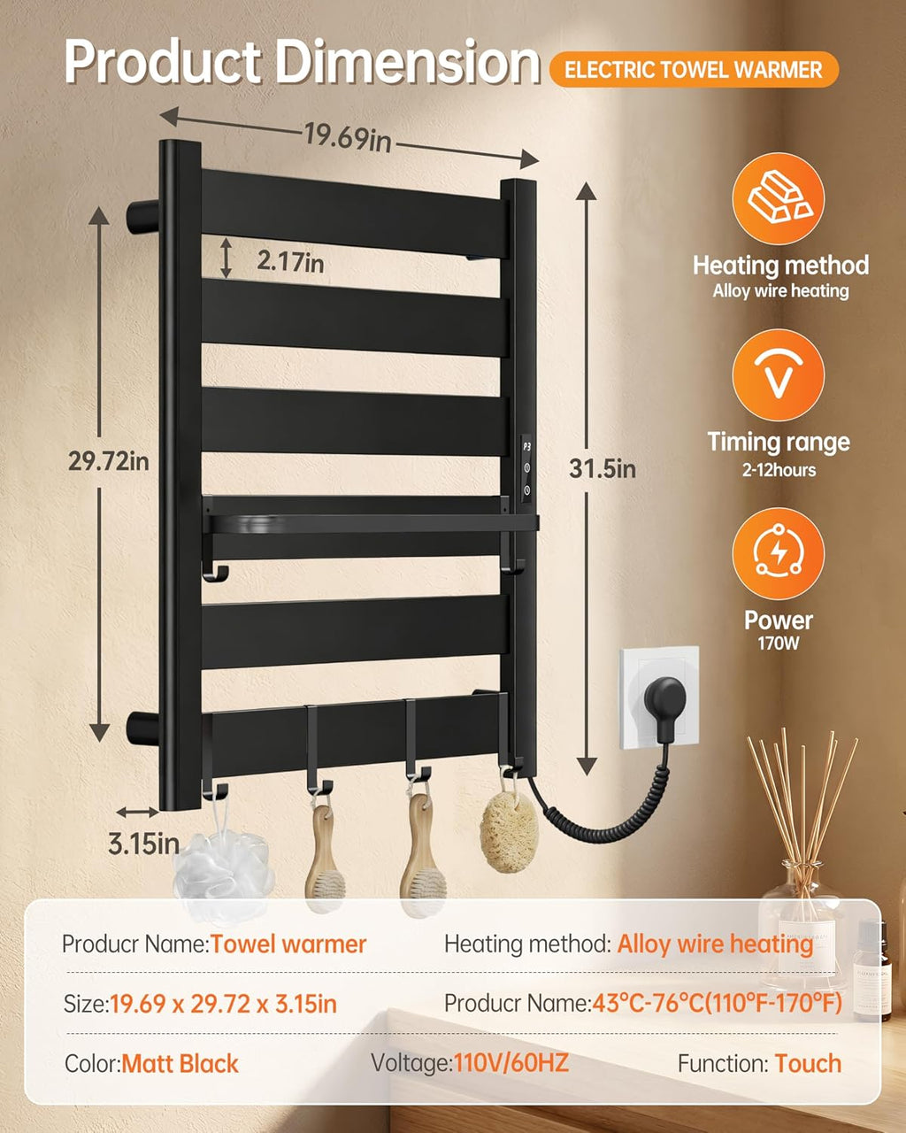 Wall Mounted Heated Towel Rack, 6-Bar Towel Warmer for Bathroom | PTC Fast Heating Up to 170°F in 6 Minutes