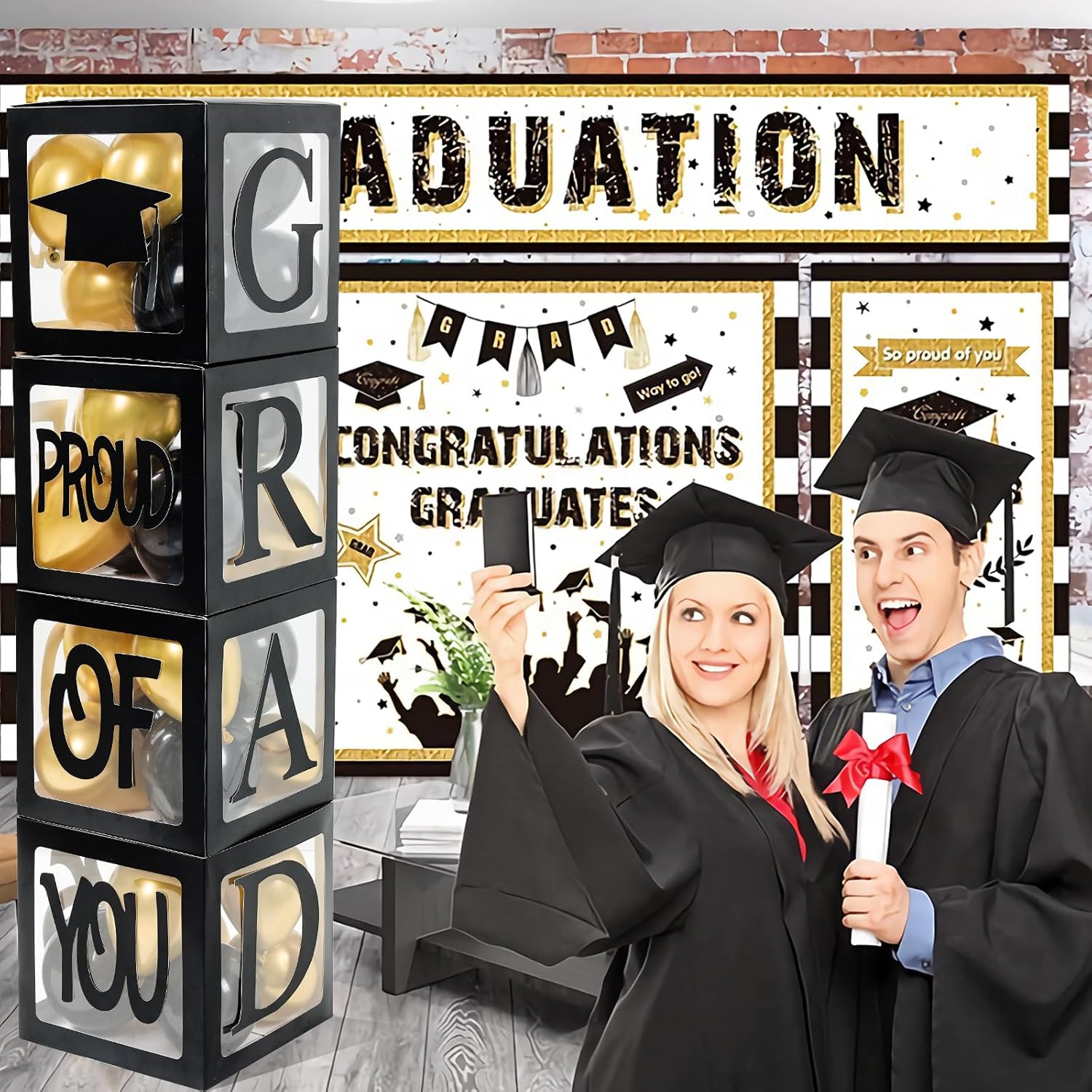 Graduation Decorations 2026,4 Pcs Transparent Balloon Boxes with Letters of GRAD,PROUD OF YOU,Class of 2026 and