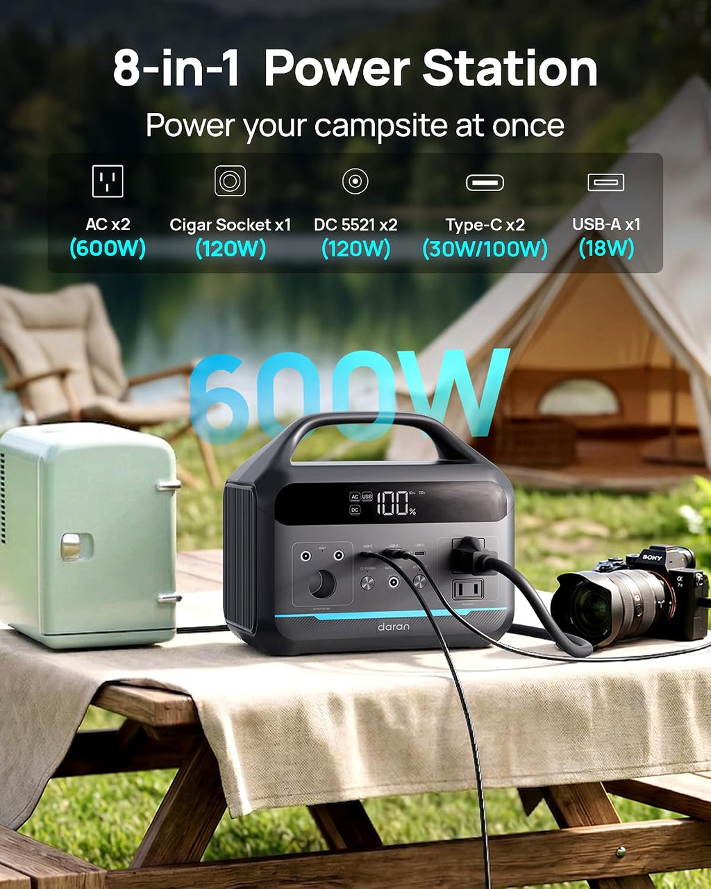 Portable Power Station 600W(1200W Surge) - 288Wh Solar Generator LiFePO4 Battery with AC DC Outlets, 8.3LB Portable