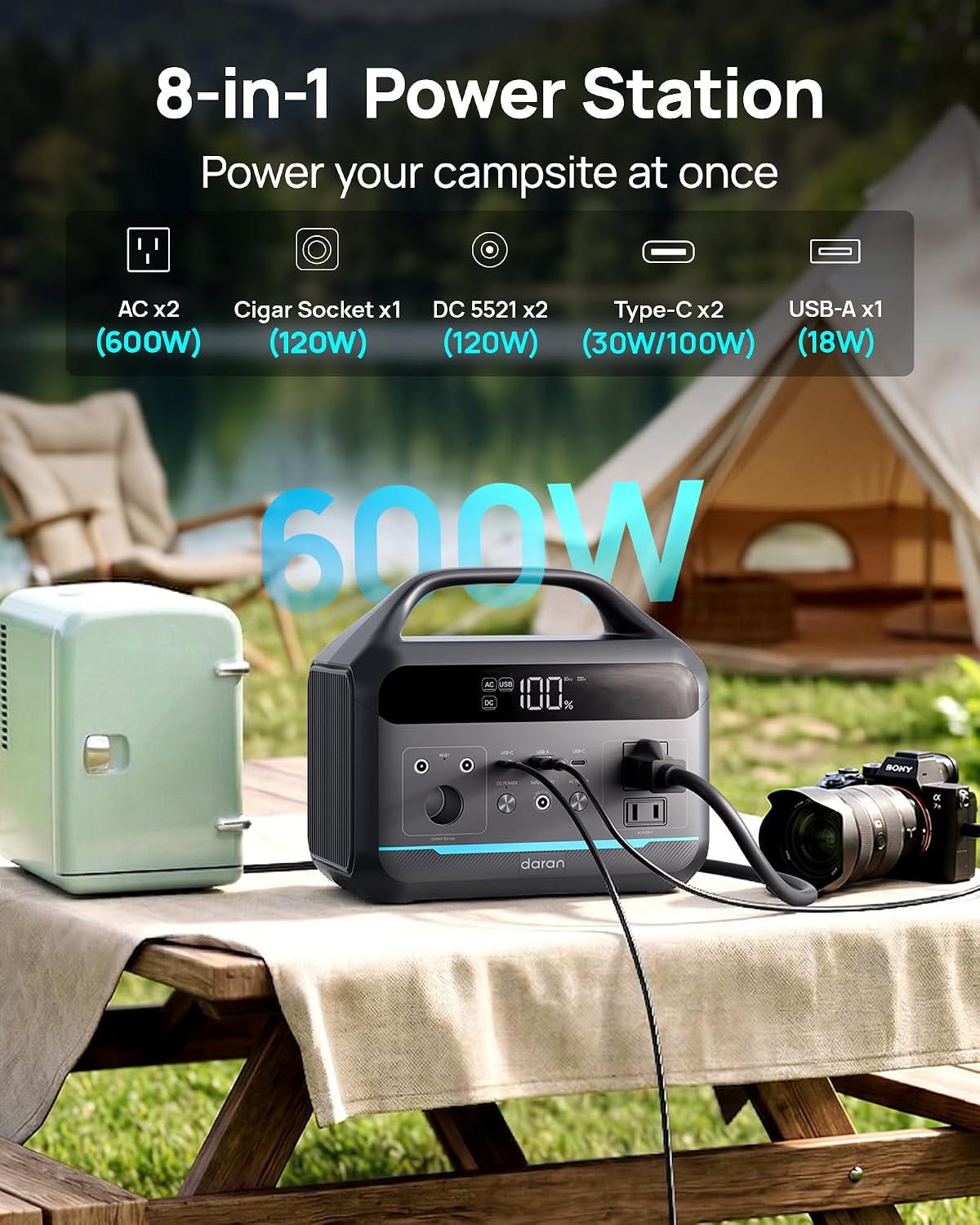 Portable Power Station 600W(1200W Surge) - 288Wh Solar Generator LiFePO4 Battery with AC DC Outlets, 8.3LB Portable