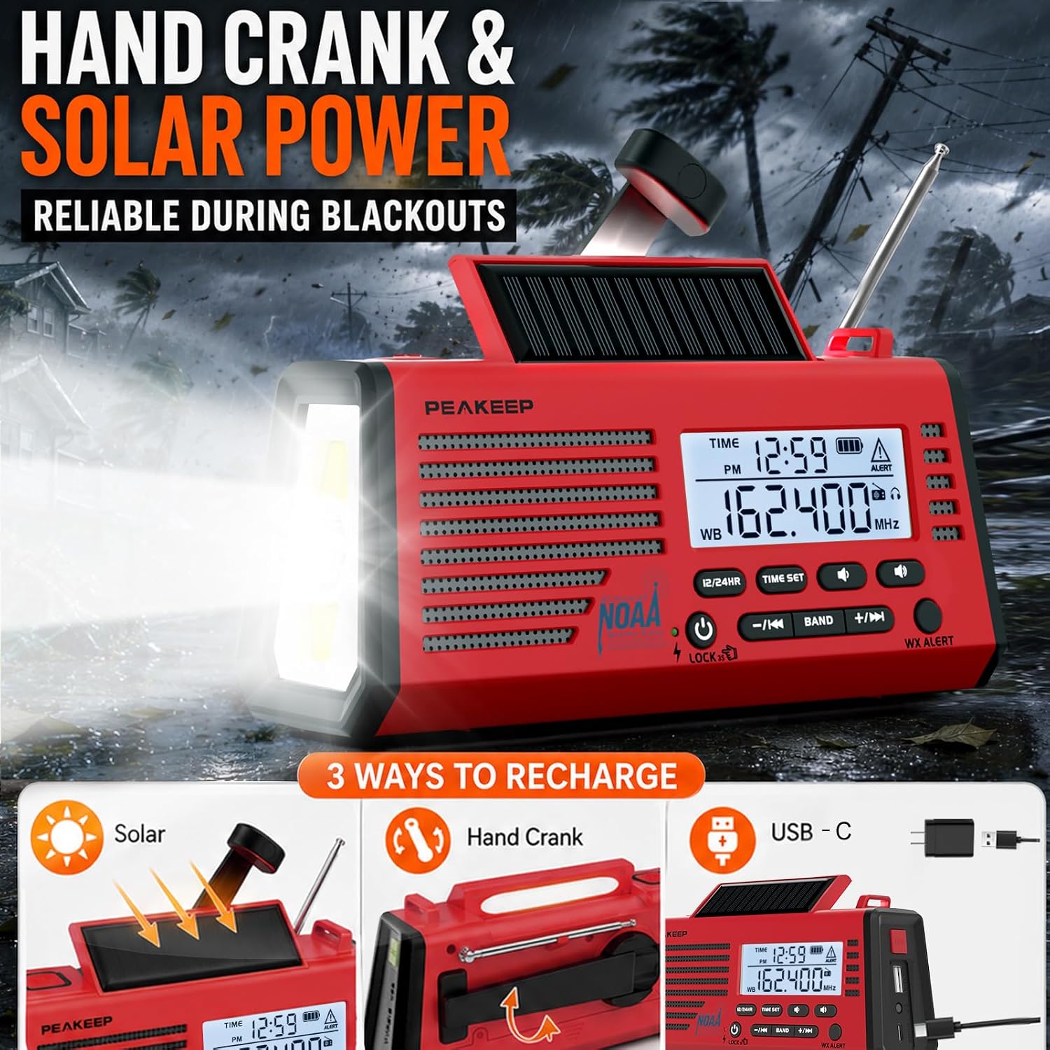 Emergency Radio NOAA Weather Alert Battery Solar Crank Powered | AM FM SW Portable Radio, Rechargeable Battery