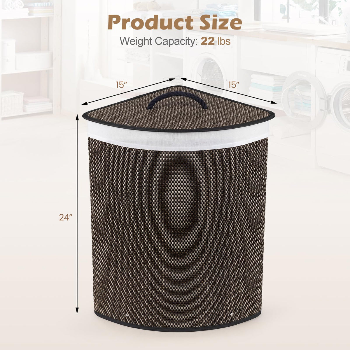 15 Gal Corner Laundry Hamper w/Lid, Removable Liner, Handle Taupe