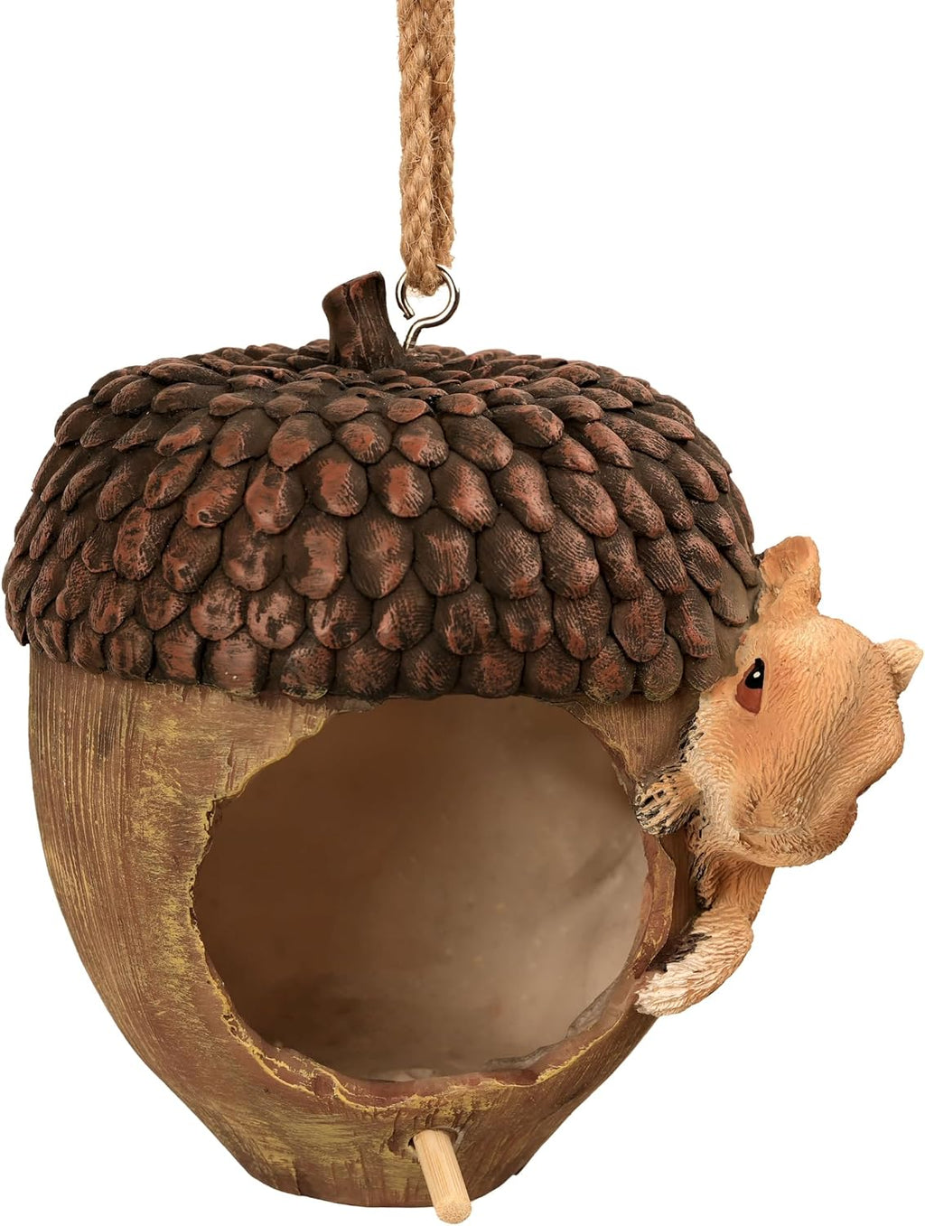 Acorn Bird House for Outside, Hand-Painted Resin Hanging Birdhouse with Squirrel, Weather-Resistant Decorative Bird