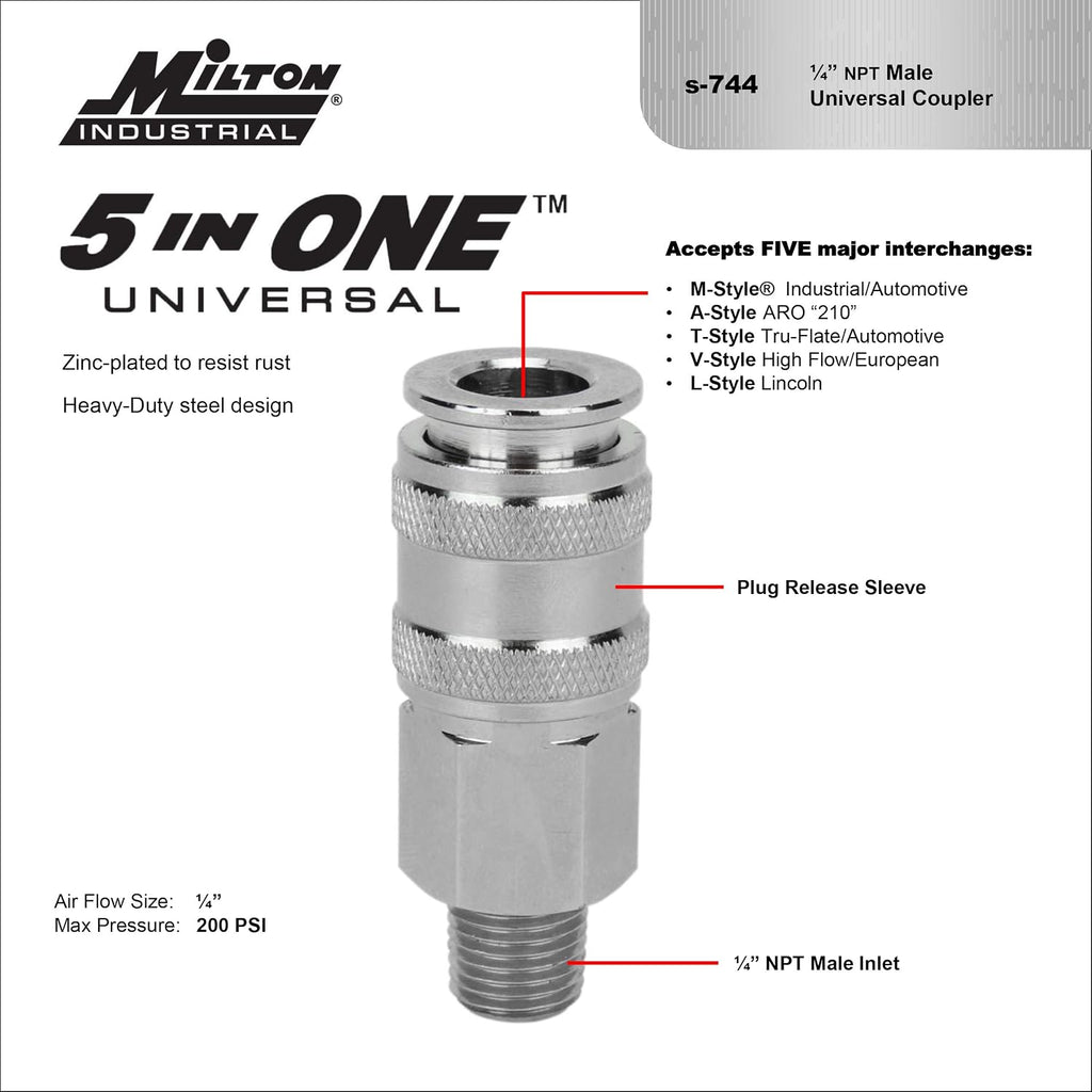 Milton 5 In ONE Universal Quick-Connect Coupler, 1/4" MNPT