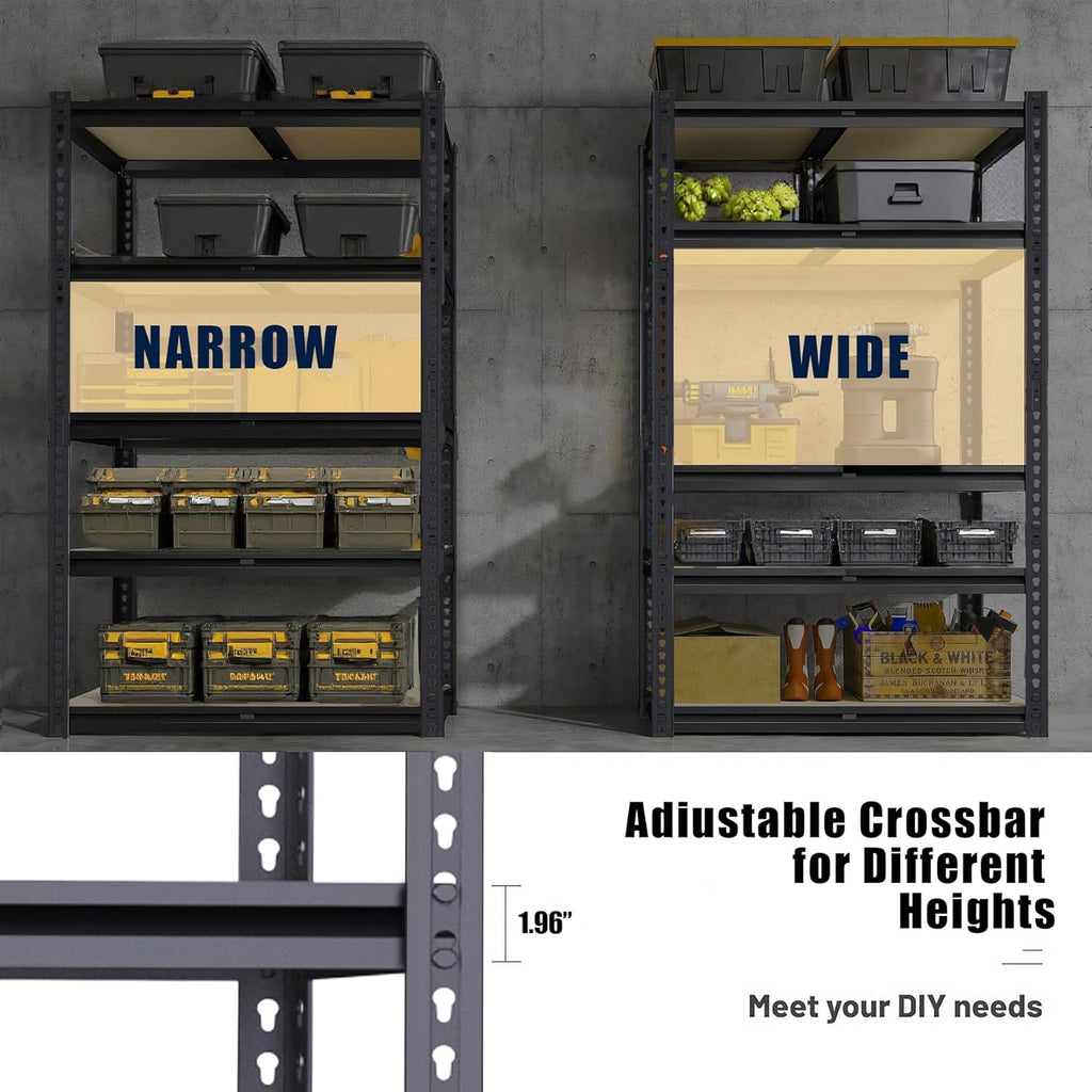 Garage Shelving, 2400 LBS Metal Storage Shelves, 12" x 28'' x 60'' Heavy Duty Shelf, Adjustable Shelving Rack