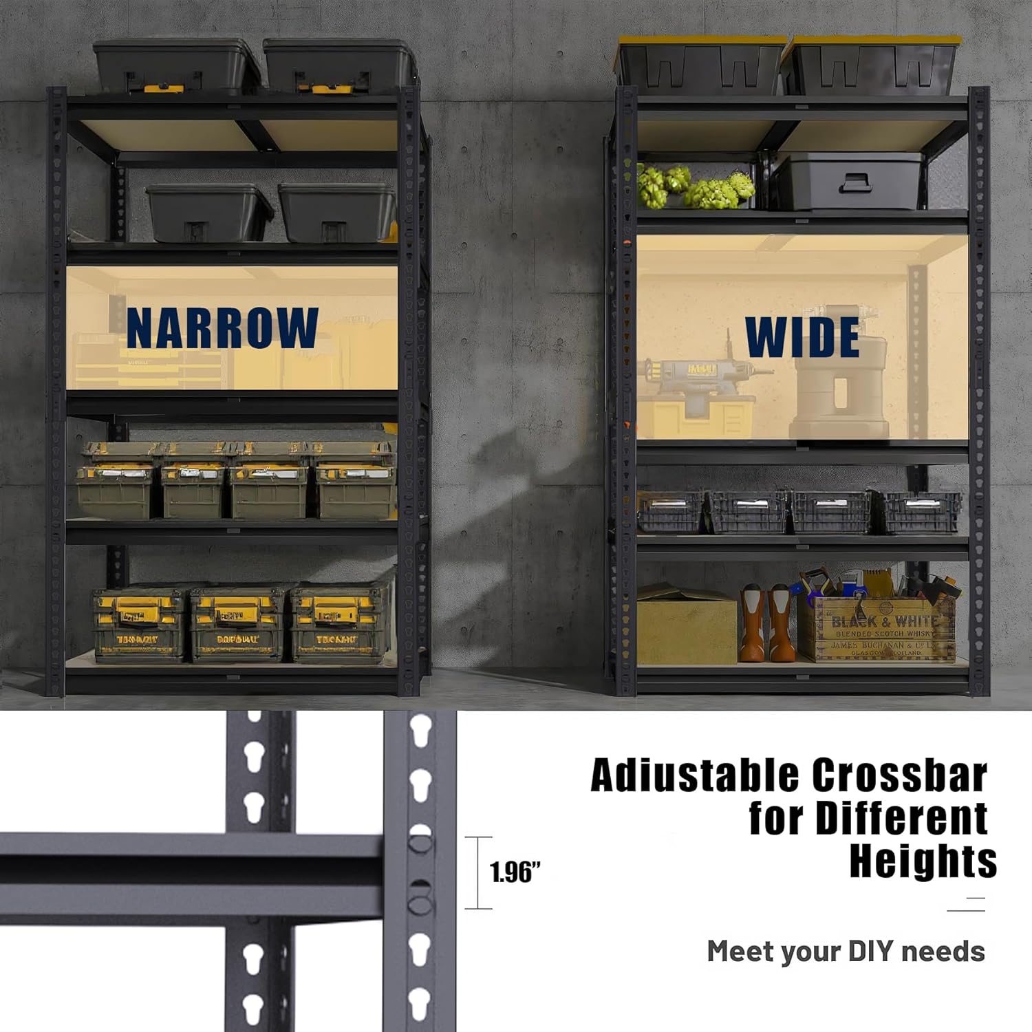 Garage Shelving, 2400 LBS Metal Storage Shelves, 12" x 28'' x 60'' Heavy Duty Shelf, Adjustable Shelving Rack