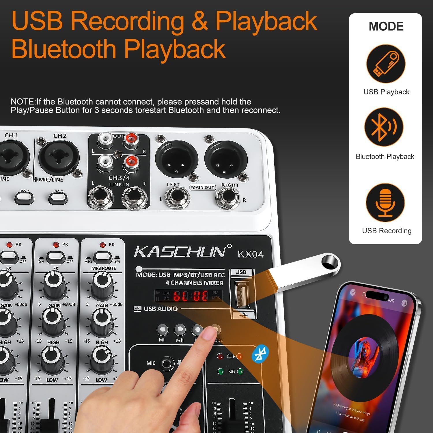 4-Channel DJ Audio Mixer, Bluetooth Sound Board with USB MP3 Input | Compact Mixer Board with 48V Phantom Power