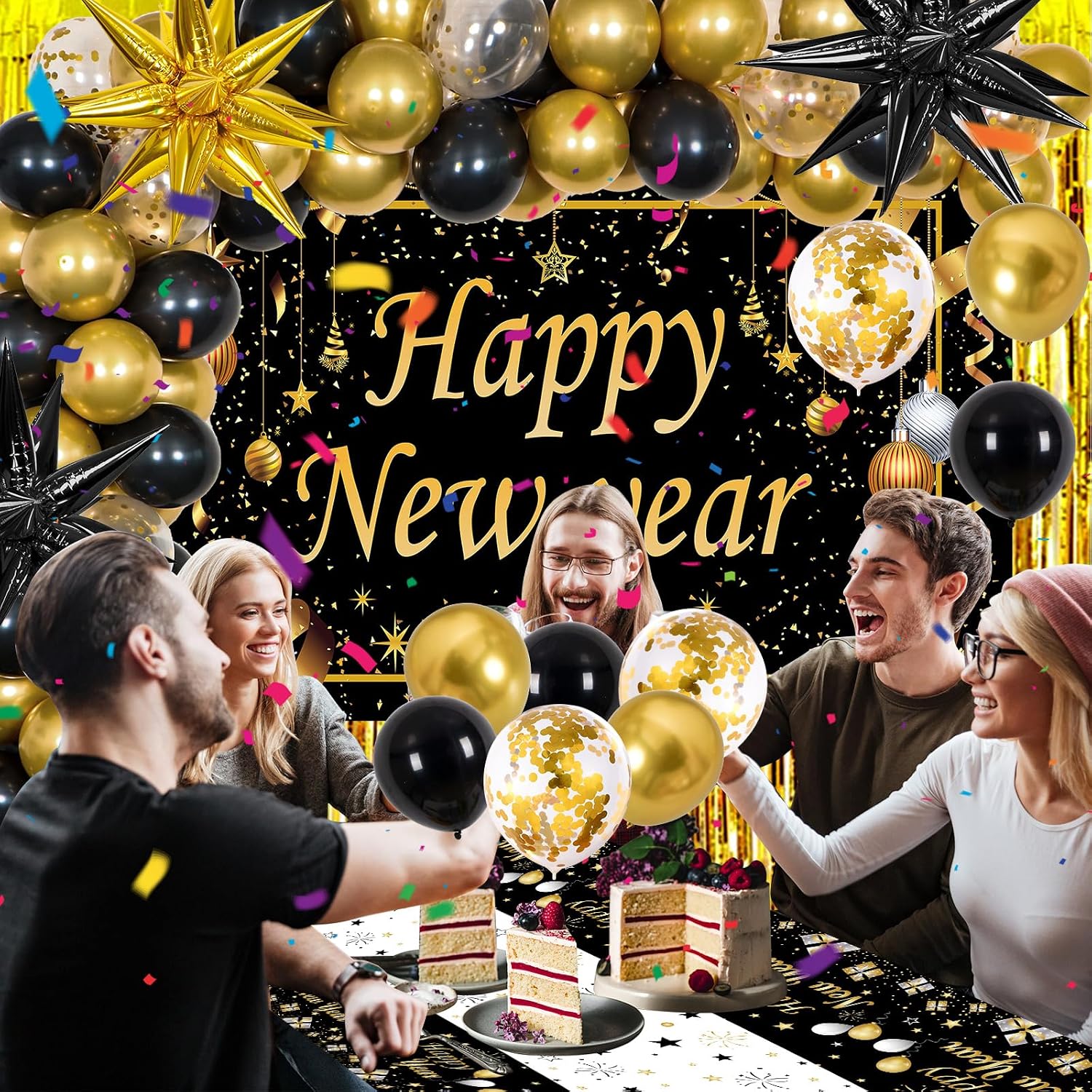 Happy New Year Decorations 2026, New Years Eve Party Supplies 2026 Black and Gold Happy New Year Banner Backdrop New