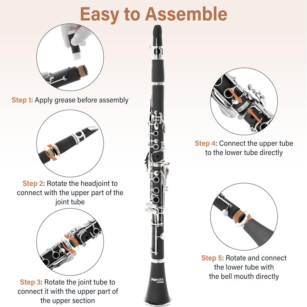 Ebonite Bb Clarinet Kit for Beginner - Black | B Flat Clarinet Kit with 10 Reeds, Mouthpiece, Cork Grease, Hard Case