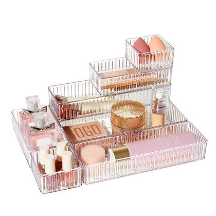 7 PCS Clear Makeup Drawer Organizers Bins, 4-Size Stackable Makeup and Vanity Organizer Trays, Acrylic Bathroom