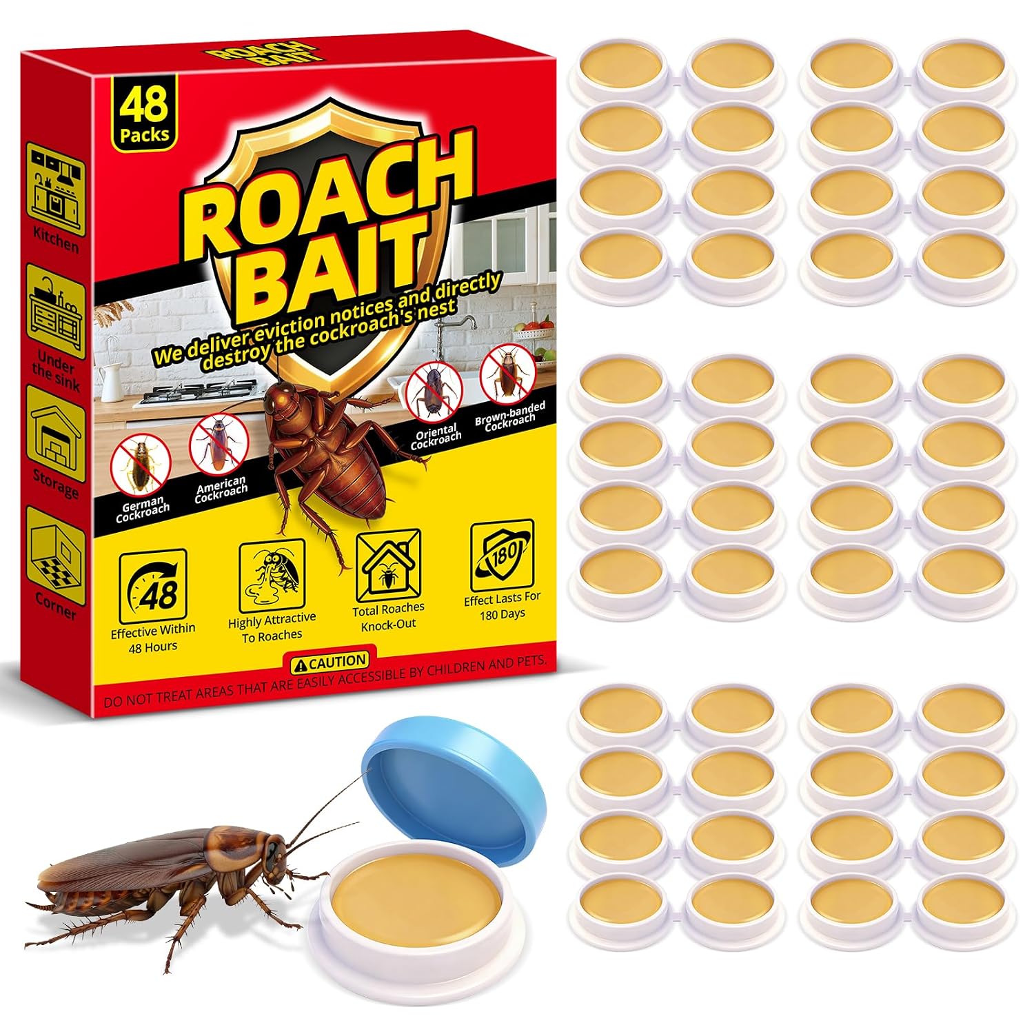 Cockroach Killer Indoor Home - 48 Packs | Roach Elimination Gel Fast-Acting in Kitchen and Home | Kills the Roaches'