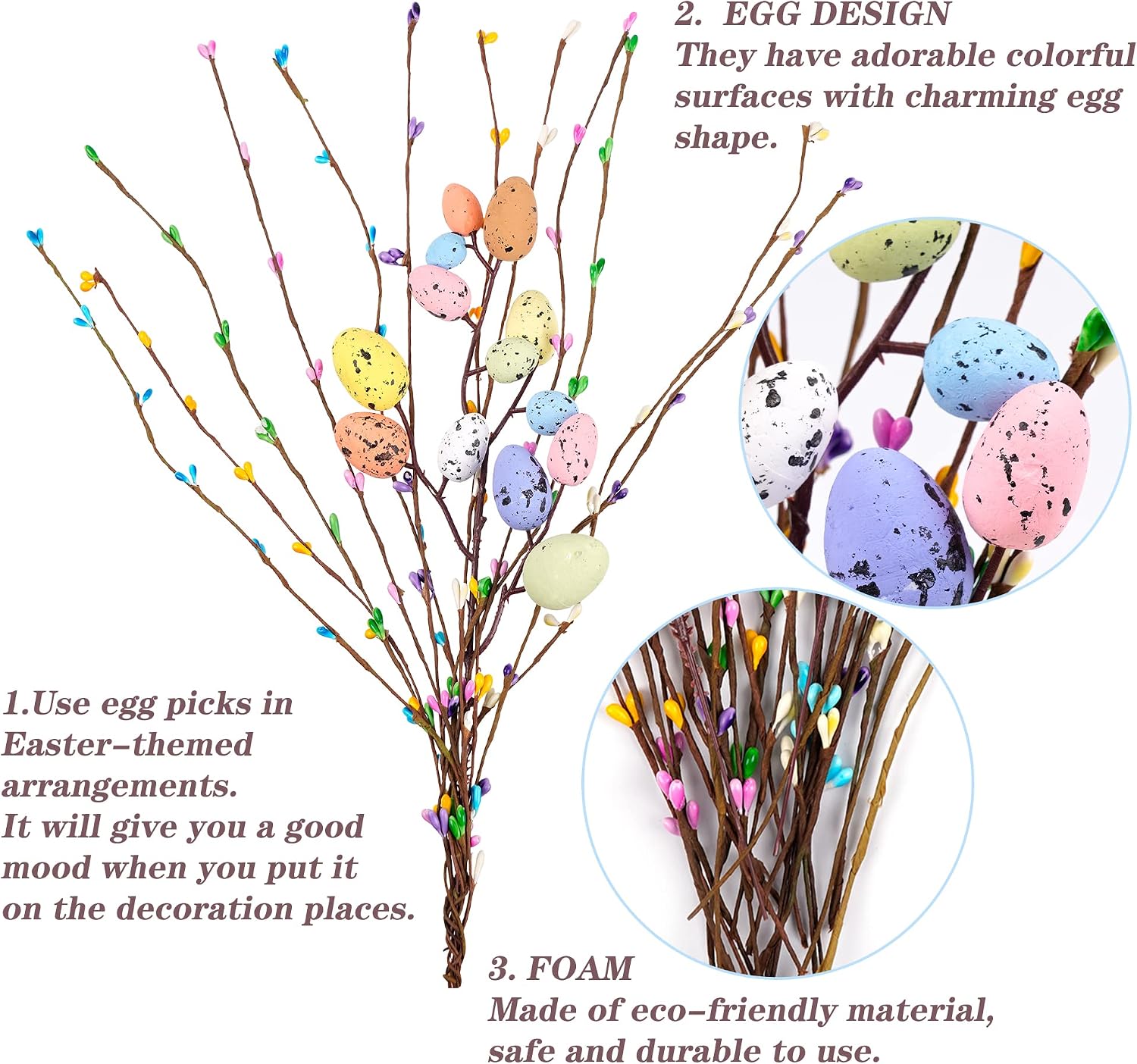 Artificial Easter Spray Vine with Pastel Easter Eggs and Berries- Decorative Spring Floral Stems-Easter Egg Twig