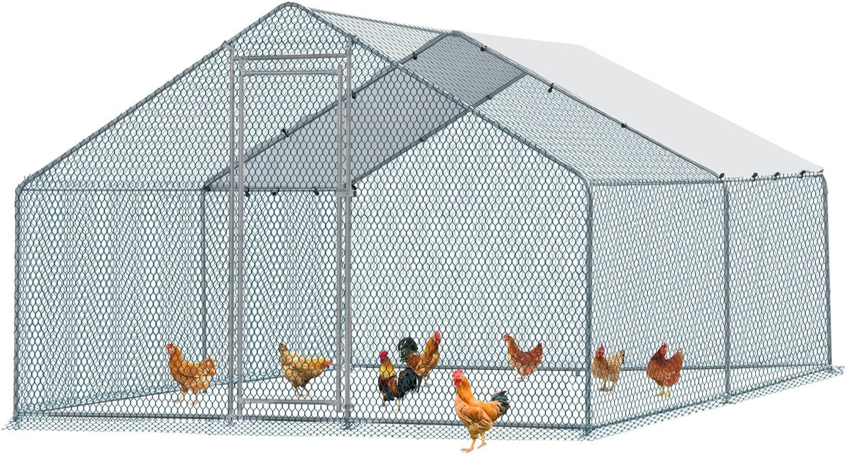 Chicken Coop, 13×10 FT Large Metal Chicken House, Poultry Habitat Cage with Waterproof Cover, Walk-in Chicken Run Pen