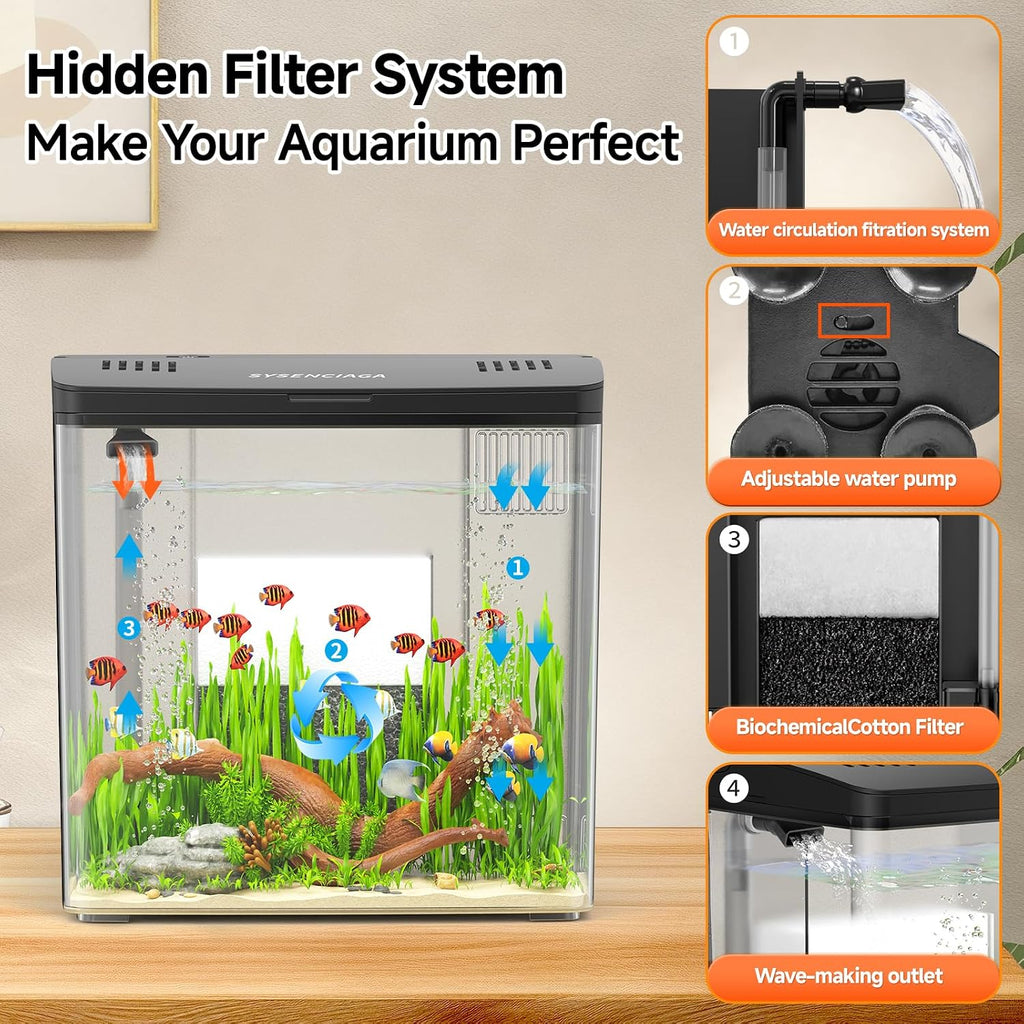 1 Gallon Acrylic Fish Tank Kit for Kids with Filter and 5-Mode Light