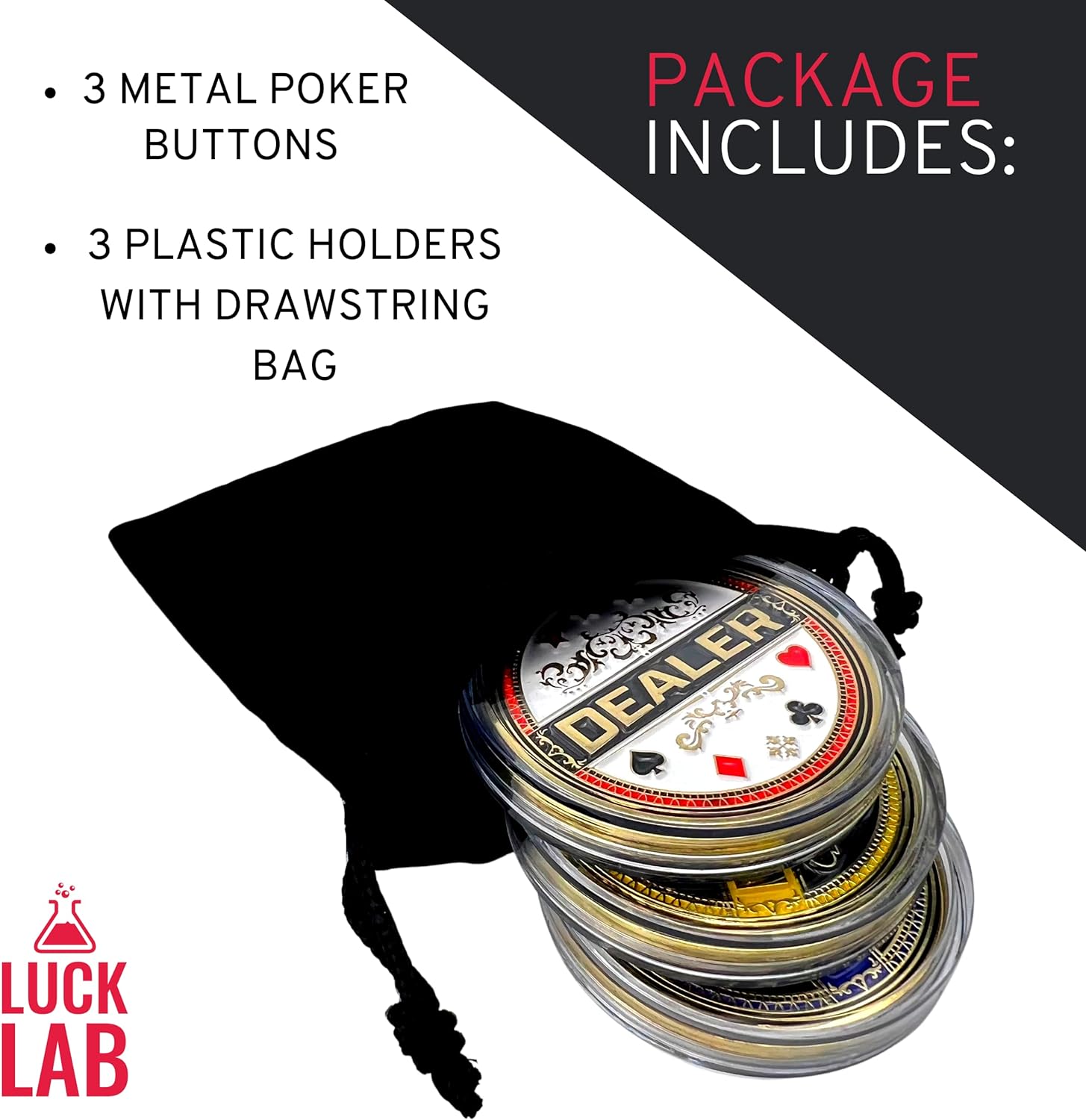 Set of 3 Metal Poker Buttons - Dealer Button, Big Blind and Small Blind | Metal poker position markers for Texas Hold