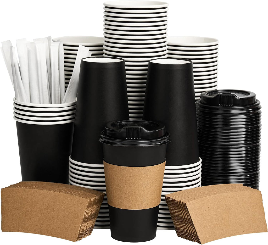 16 oz Coffee Cups with Lids 100 Pack, Sleeves and Stirring Sticks