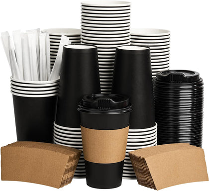 16 oz Coffee Cups with Lids 100 Pack, Sleeves and Stirring Sticks