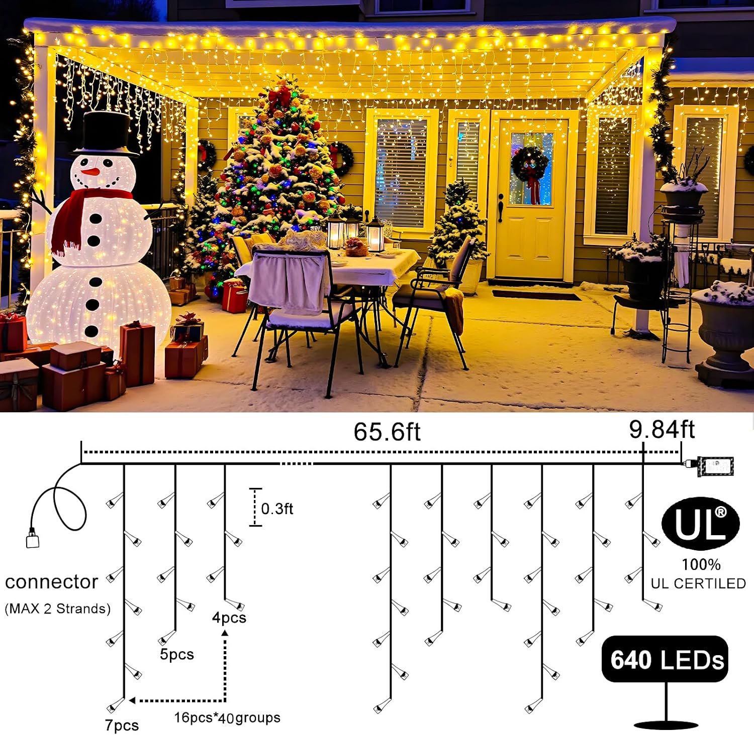 Icicle Lights for Outside 66FT 640 LED Warm White Christmas Lights Outdoor | Conenectable Icicle Christmas Lights