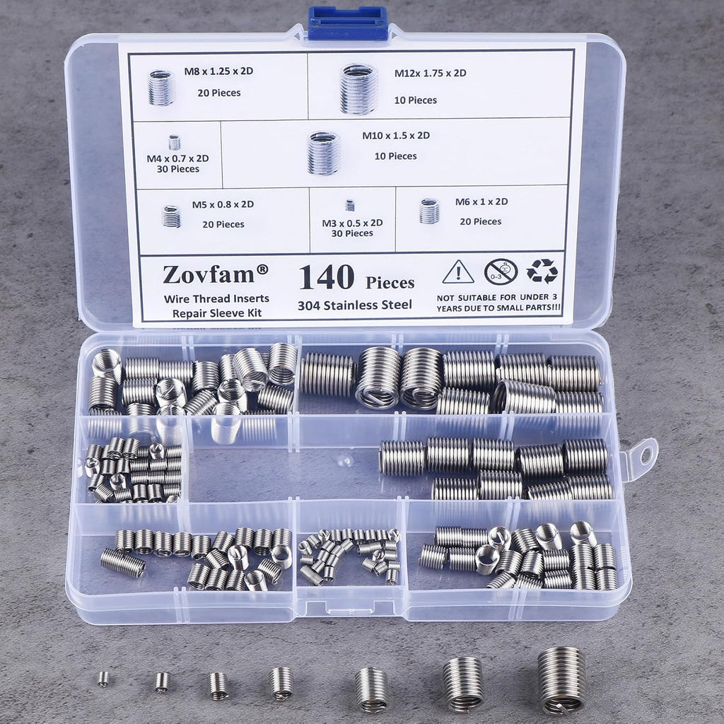 Metric Thread Repair Inserts, 140-Pcs 304 Stainless Steel, M3-M12