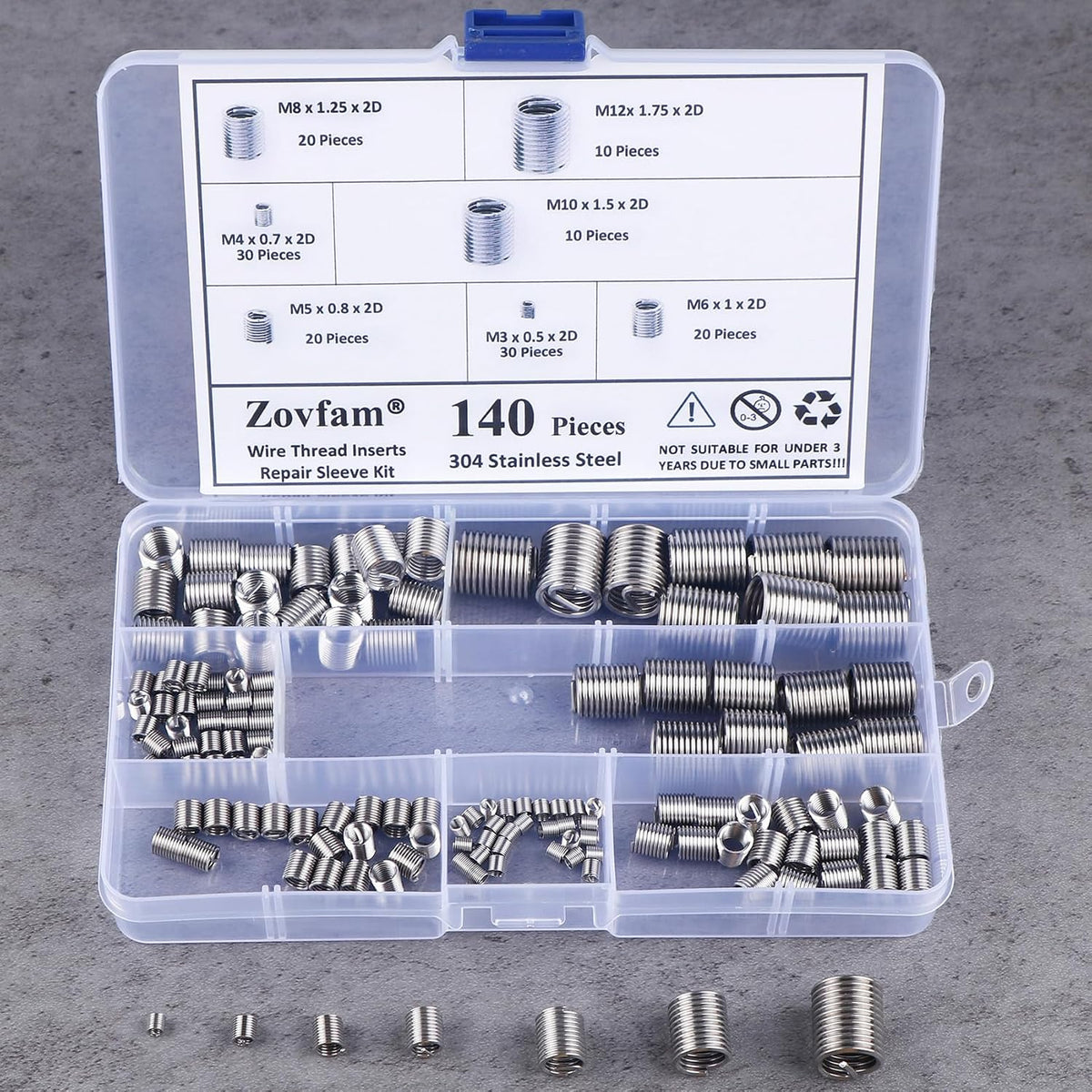 Metric Thread Repair Inserts, 140-Pcs 304 Stainless Steel, M3-M12