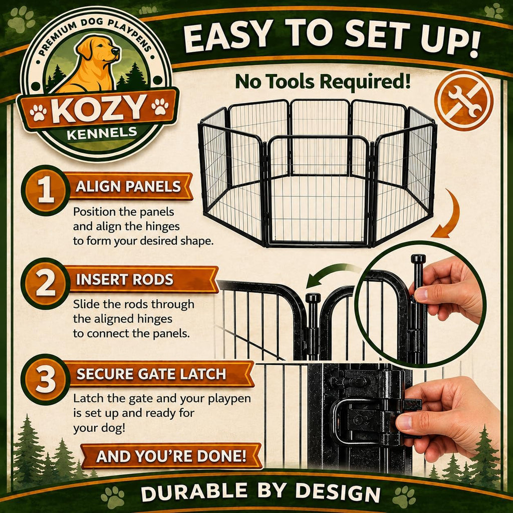Dog Playpen w/Square Bottom Floor Cover - 40 inch, 8 Panel Portable Black Metal Pet Play Pen for Medium & Large Dogs