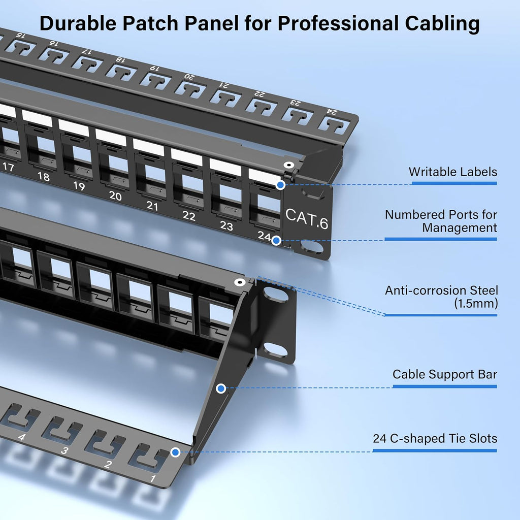 Jadaol 1U 24 Port 10Gbps Blank Patch Panel with Cable Management & Back Bar