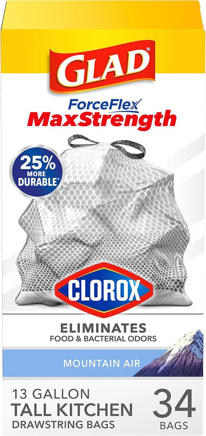 ForceFlex MaxStrength with Clorox Tall Kitchen Trash Bags, 13 Gal, 34 Ct (Package May Vary)