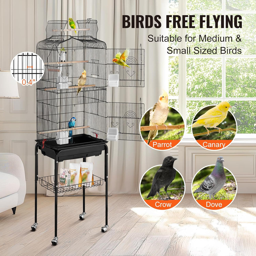 64-inch Open Top Large Parrot Bird Cage with Detachable Rolling Stand for Parakeets Finches Canaries Lovebirds