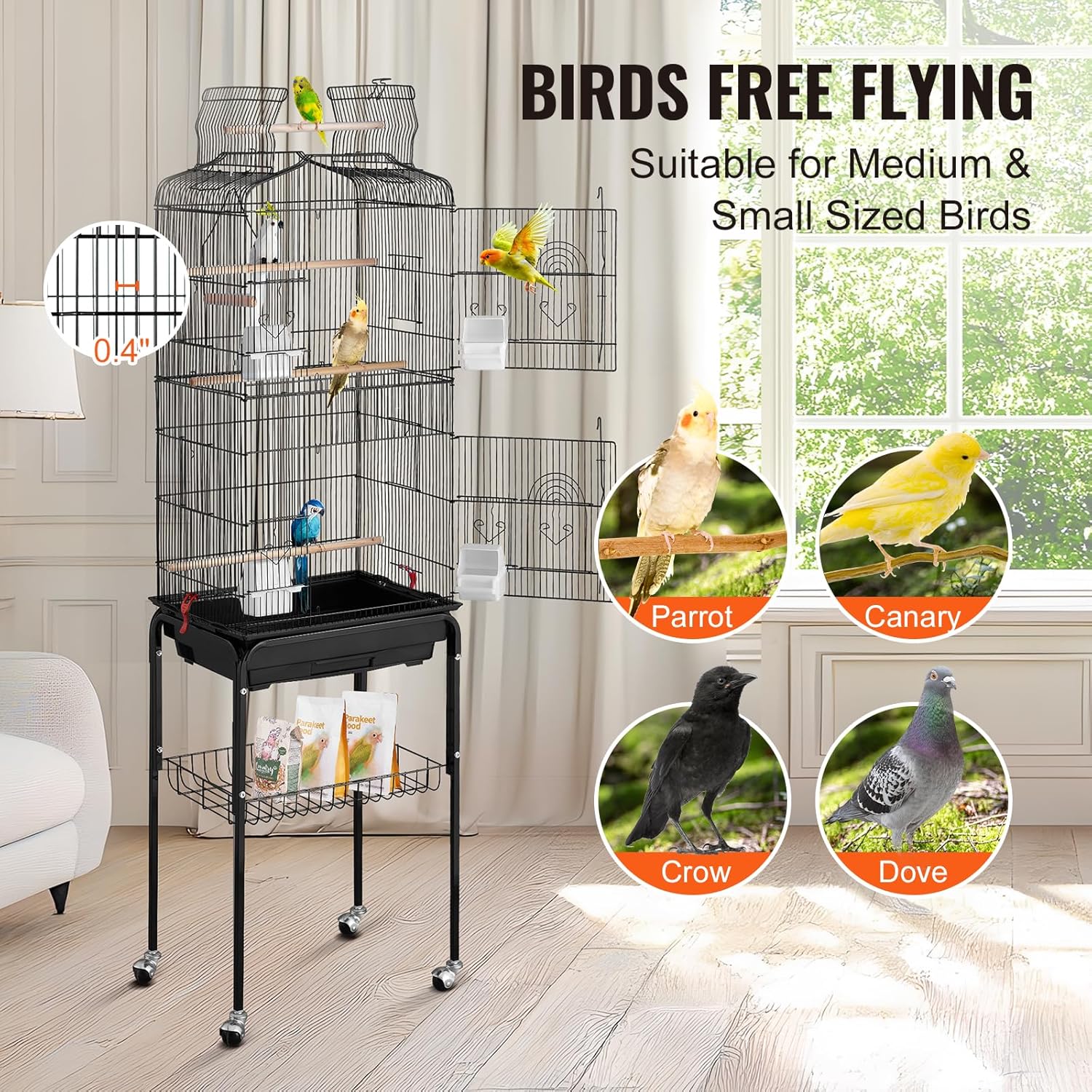 64-inch Open Top Large Parrot Bird Cage with Detachable Rolling Stand for Parakeets Finches Canaries Lovebirds