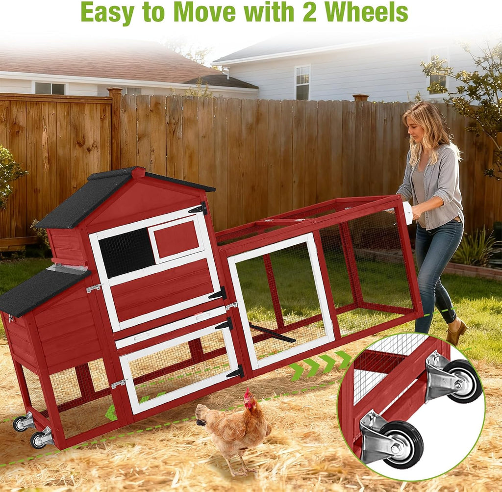Mobile Chicken Tractor with 2 Nesting Boxes, 81" Large Wooden Chicken Coop for 2-4 Chickens, Predator Proof Poultry