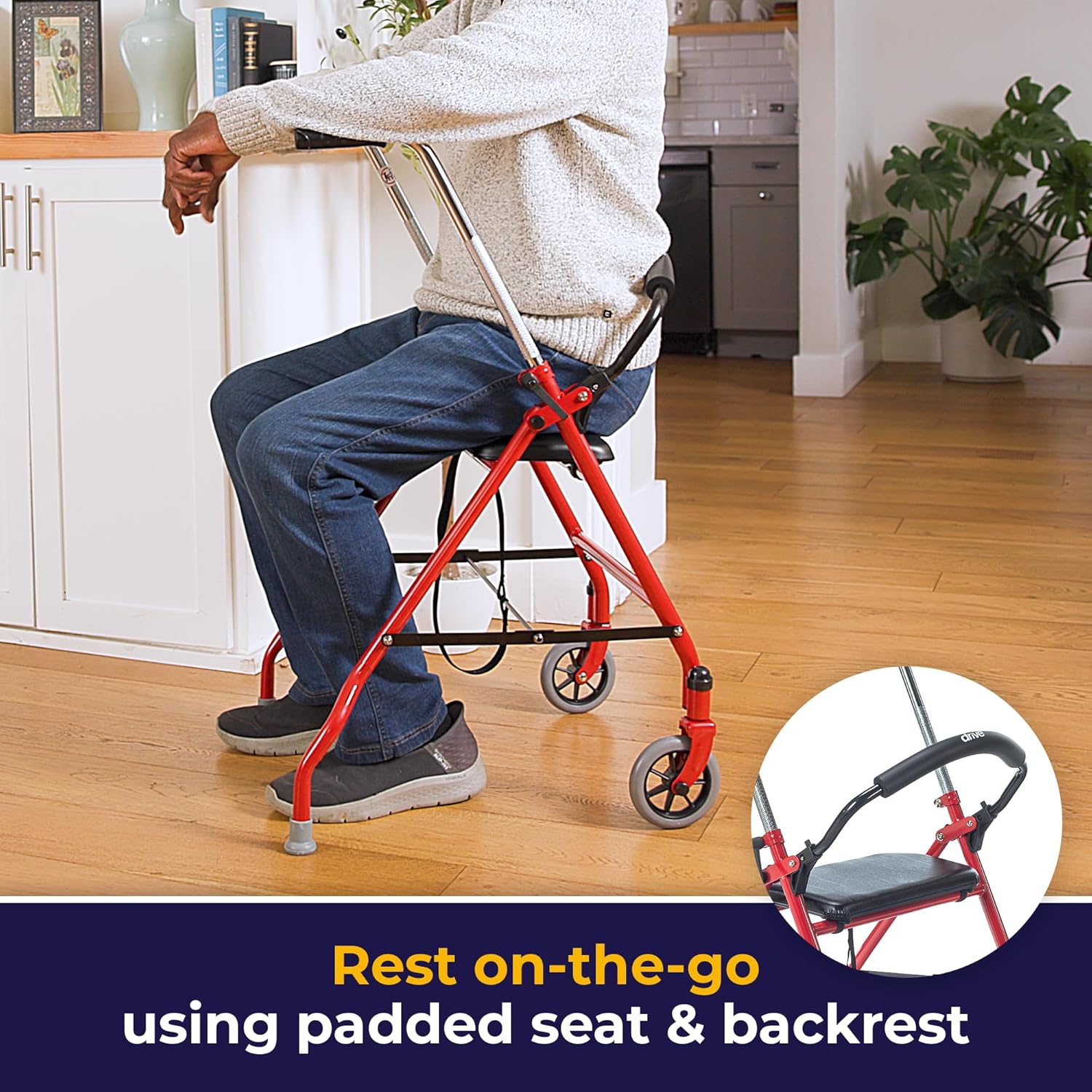 1239RD Foldable Rollator Walker with Seat, Red, 1 Count (Pack of 1)