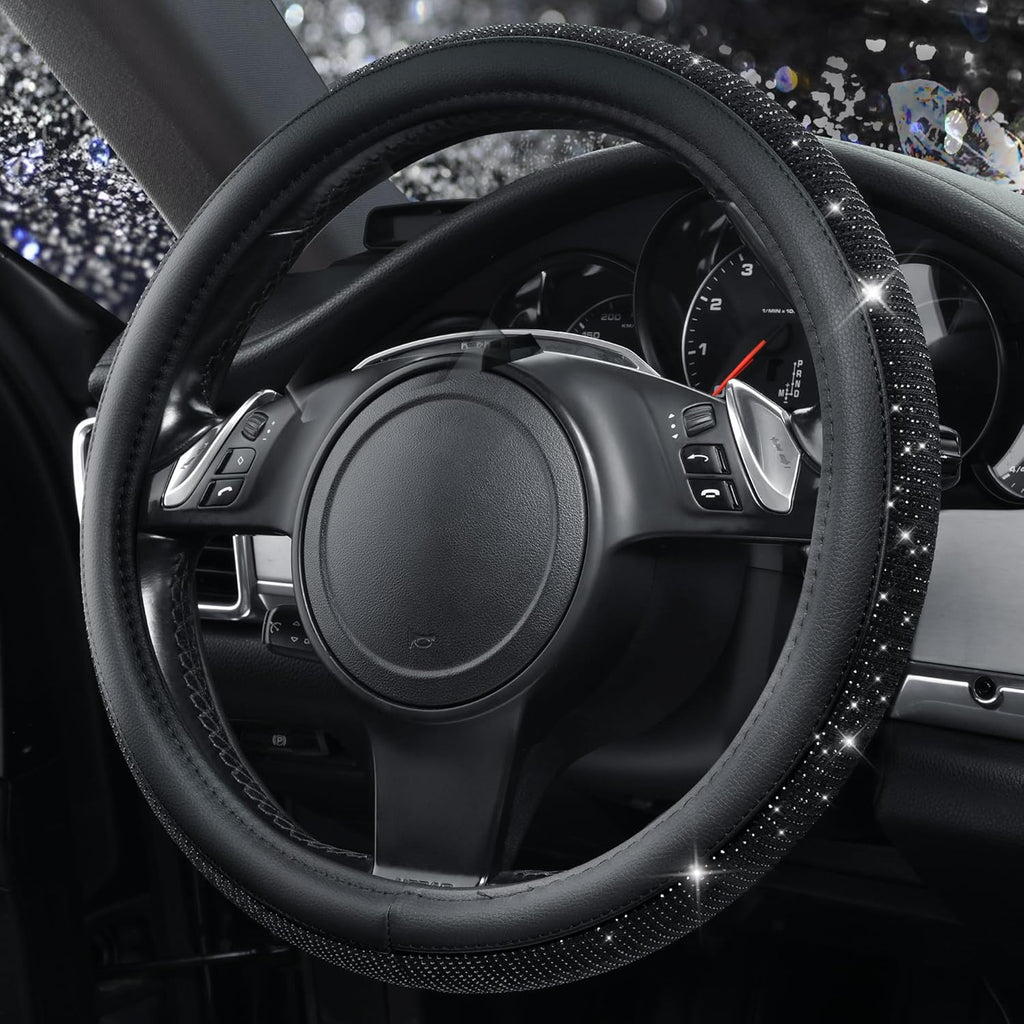Bling Diamond Leather Steering Wheel Cover, With Sparkly Crystal Glitter Rhinestones Universal Fit 14"1/2-15" Car