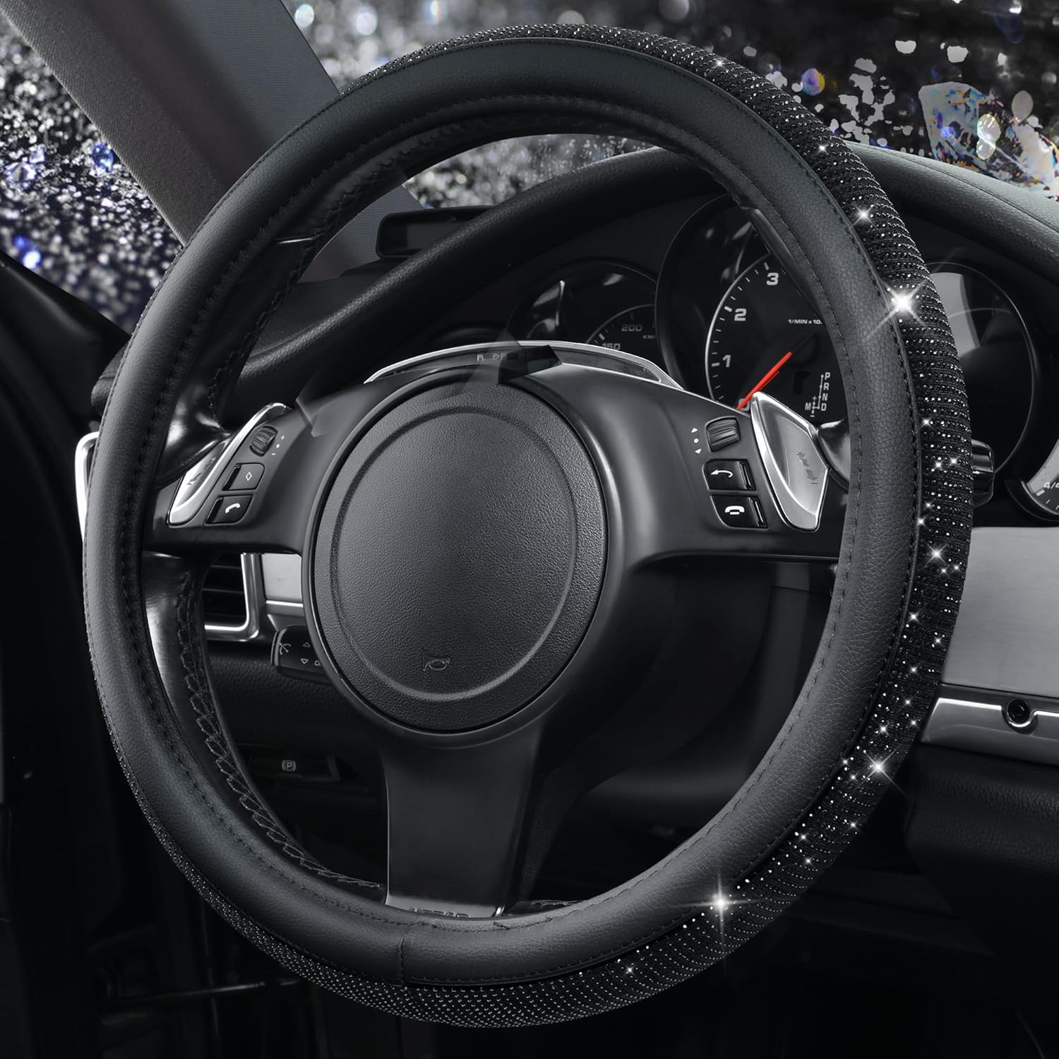 Bling Diamond Leather Steering Wheel Cover, With Sparkly Crystal Glitter Rhinestones Universal Fit 14"1/2-15" Car