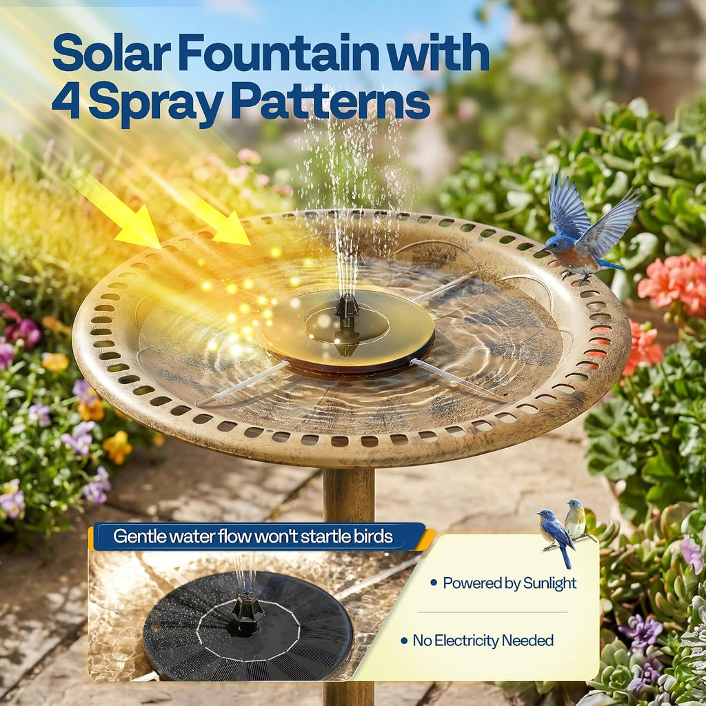 Bird Bath with Solar Fountain for Outside, Pedestal, Golden