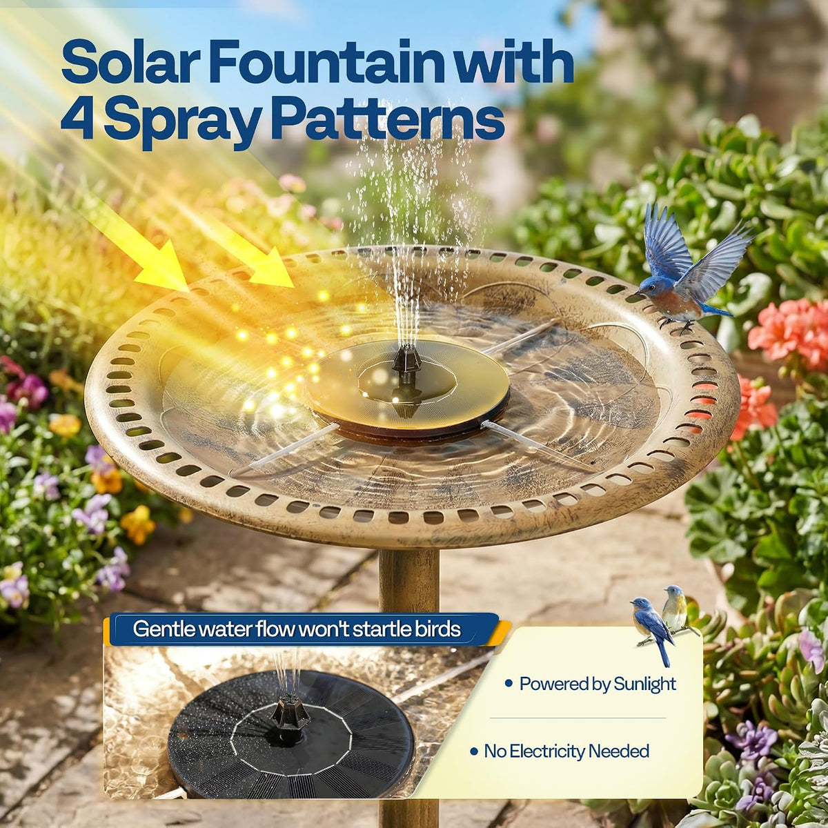Bird Bath with Solar Fountain for Outside, Pedestal, Golden