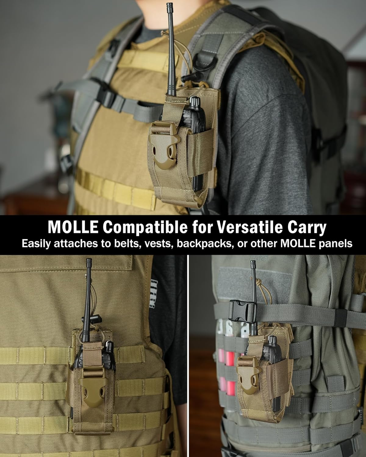 Radio Holster MOLLE Radio Pouch Universal Walkie Talkie Pouch | Horizontal & vertical carry for belt vest backpack