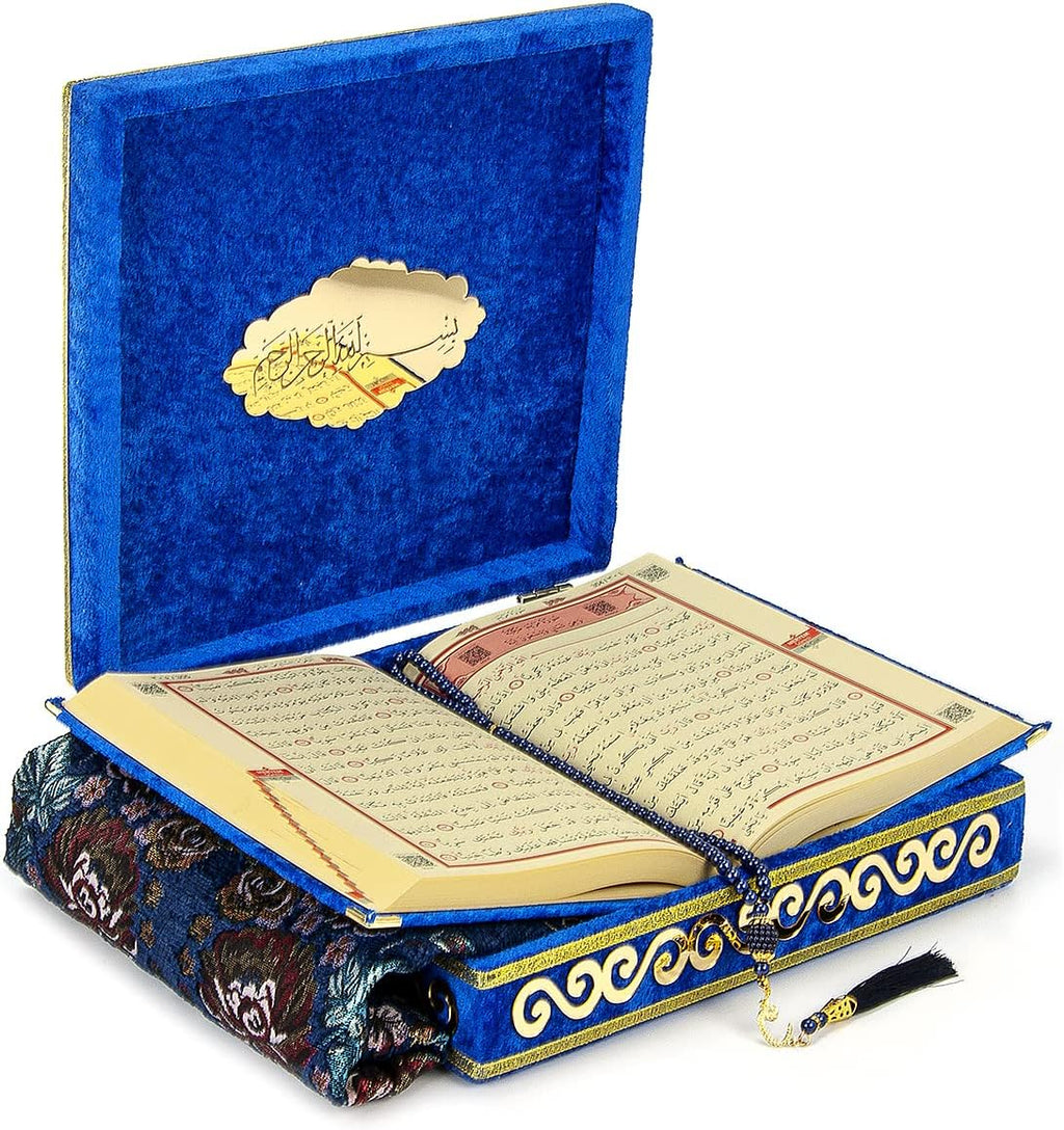 Luxury Islamic Prayer Velvet Covered Gift Box, Deluxe 4 Piece Set with Elegant Velvet Covered Quran & Prayer Beads