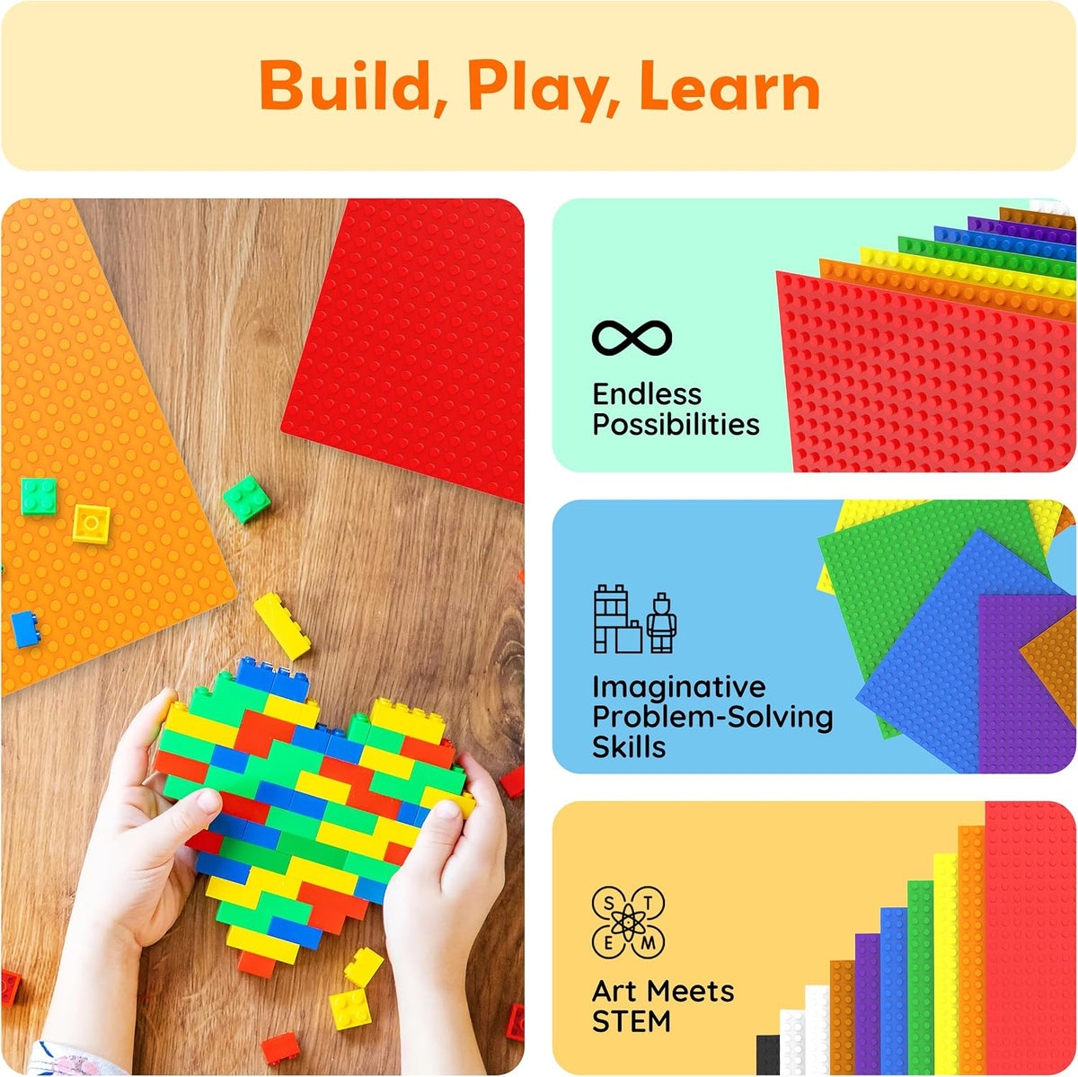 Brick Baseplate Classic Building Block Foundation Kit 20 Pack 10"x10" Platform Multi Color Bricks Stud Blocks