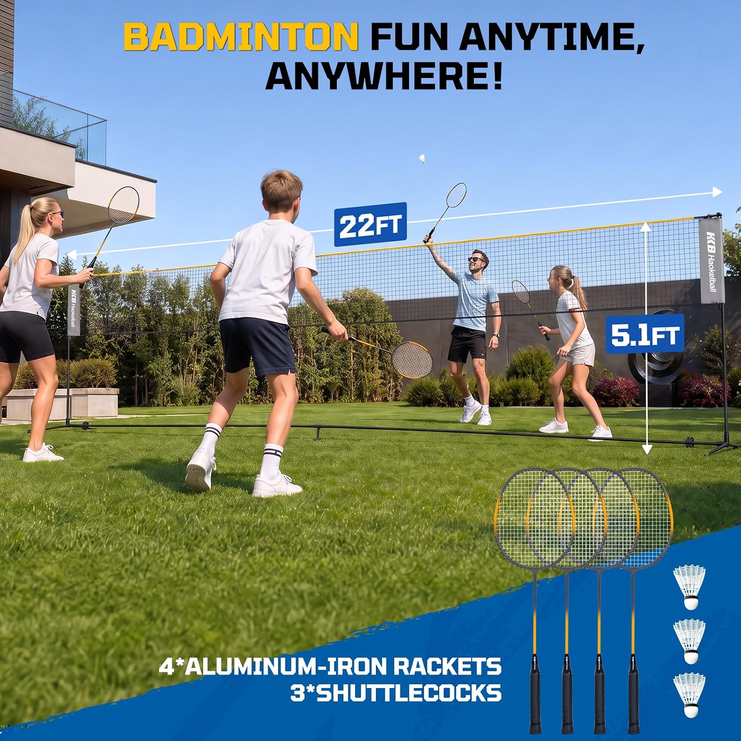 22FT Badminton Volleyball Pickleball Net, Adjustable Height | Backyard, Beach, Lawn, Outdoor, Indoor, Portable, Net