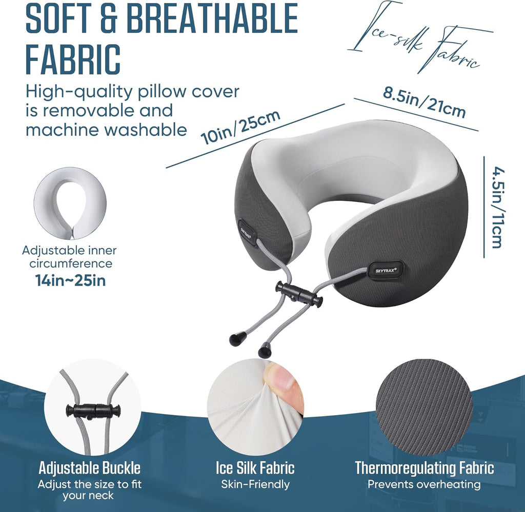 Premium Ergonomic Memory Foam Travel Neck Pillow, Washable Cooling Ice Silk Cover, Firm Neck Support for Airplane